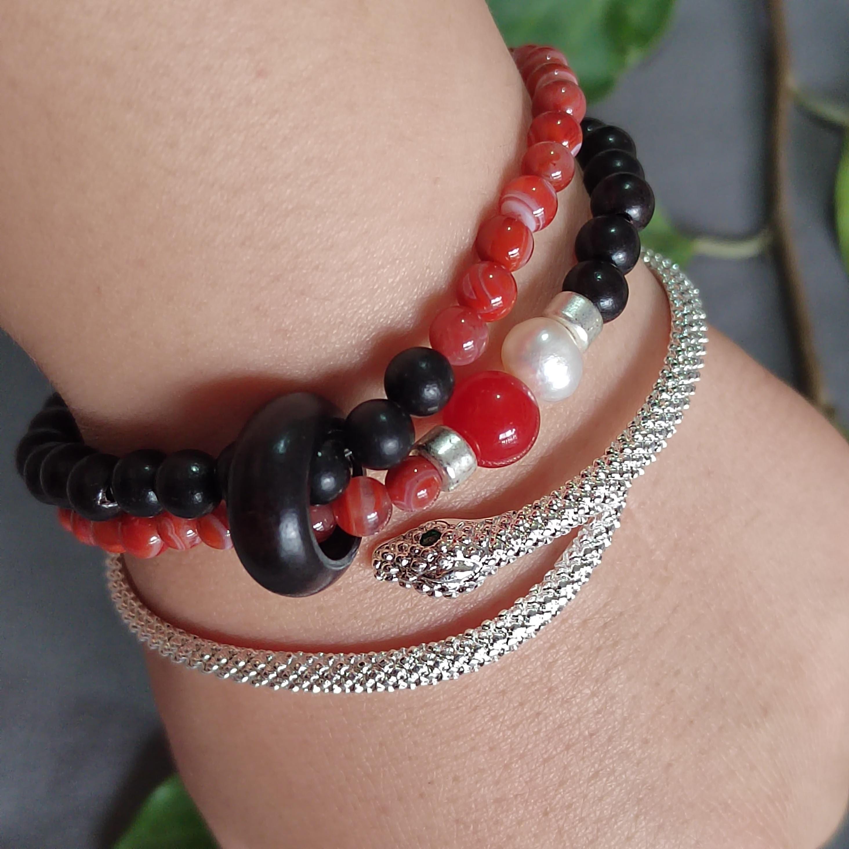 Handmade Stacking Bracelet Set | Ebony, Sandalwood, Pearl & Lapis with Natural Agate Beads | SL404