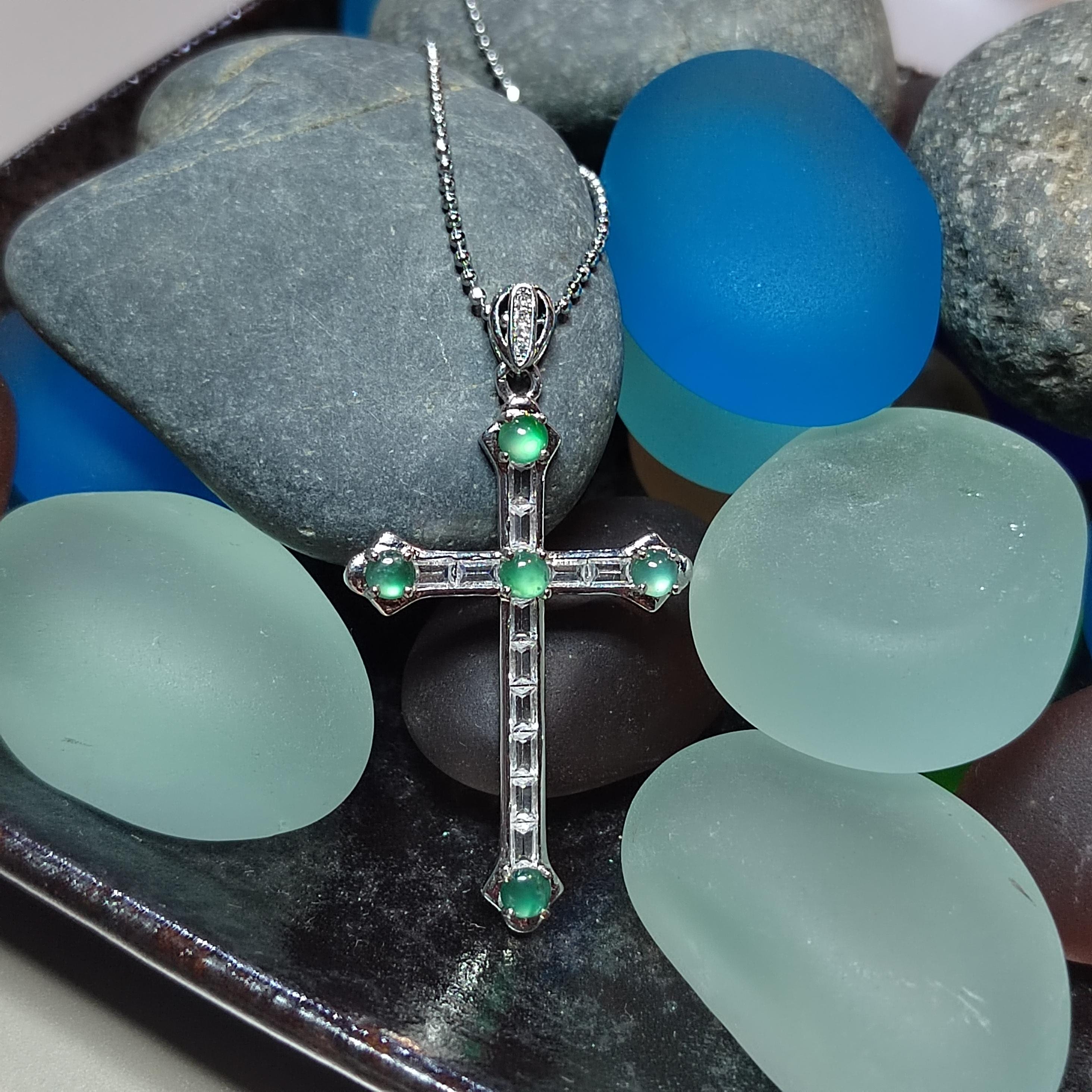 Certified Untreated A-Grade Burmese Icy Light Bulbs Natural Untreated Green Jadeite Cross Necklace | Christian Gift SL051 - SL Precious
