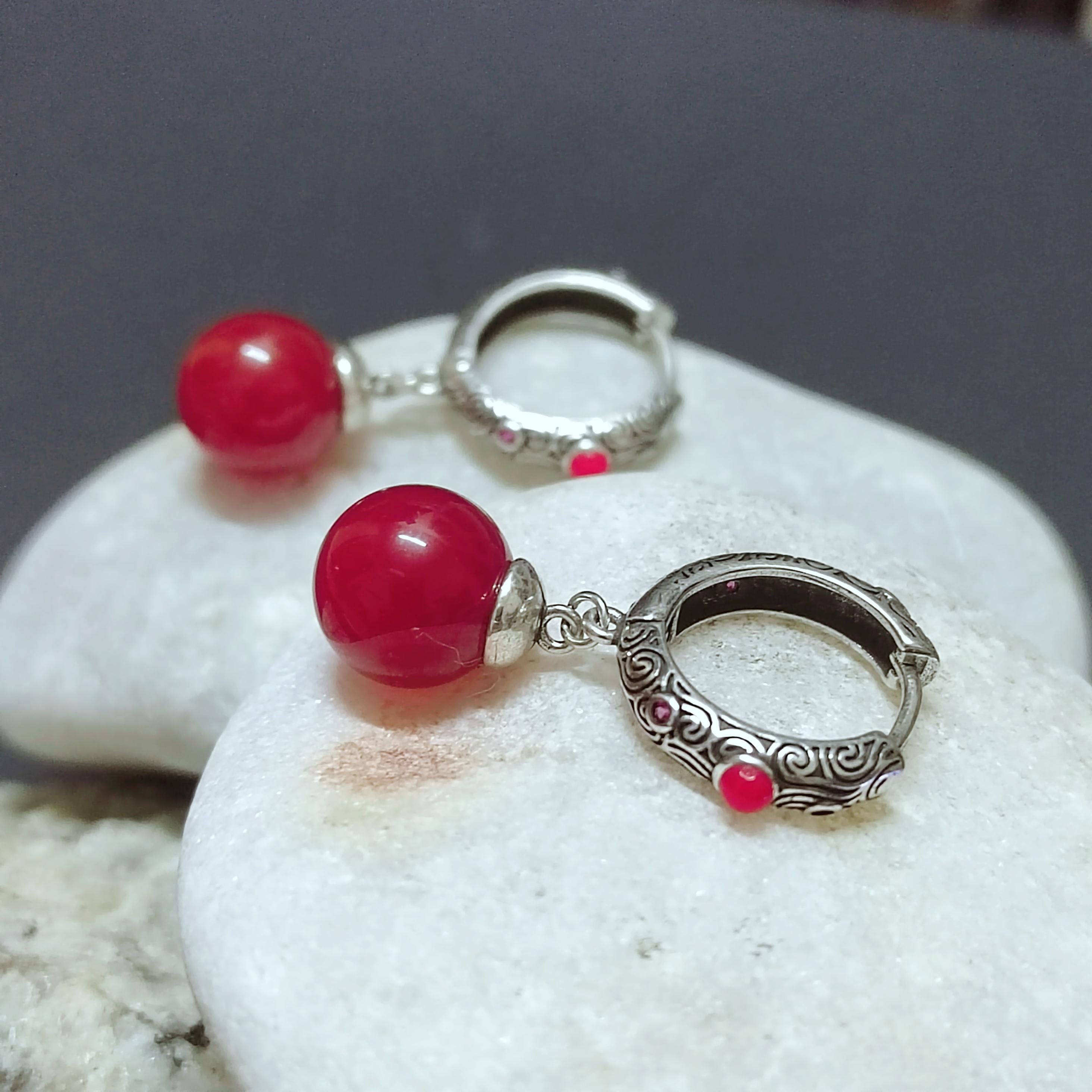Elegant S925 Silver Design Hoop/Dangle Earrings | Certified A-Grade Natural Baoshan Southern Red Nanhong Agate SL256X15