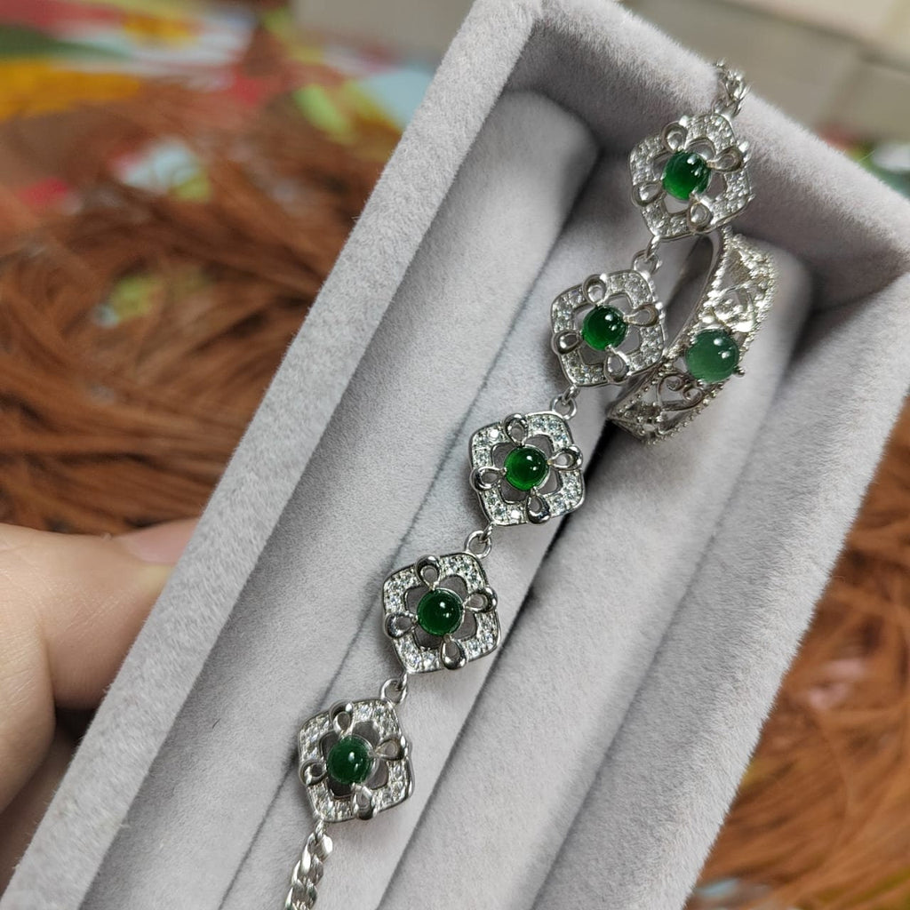 Woodland Dark Green Natural Guatemala Jadeite  Zirconia Silver Ring & Bracelet Set SL034