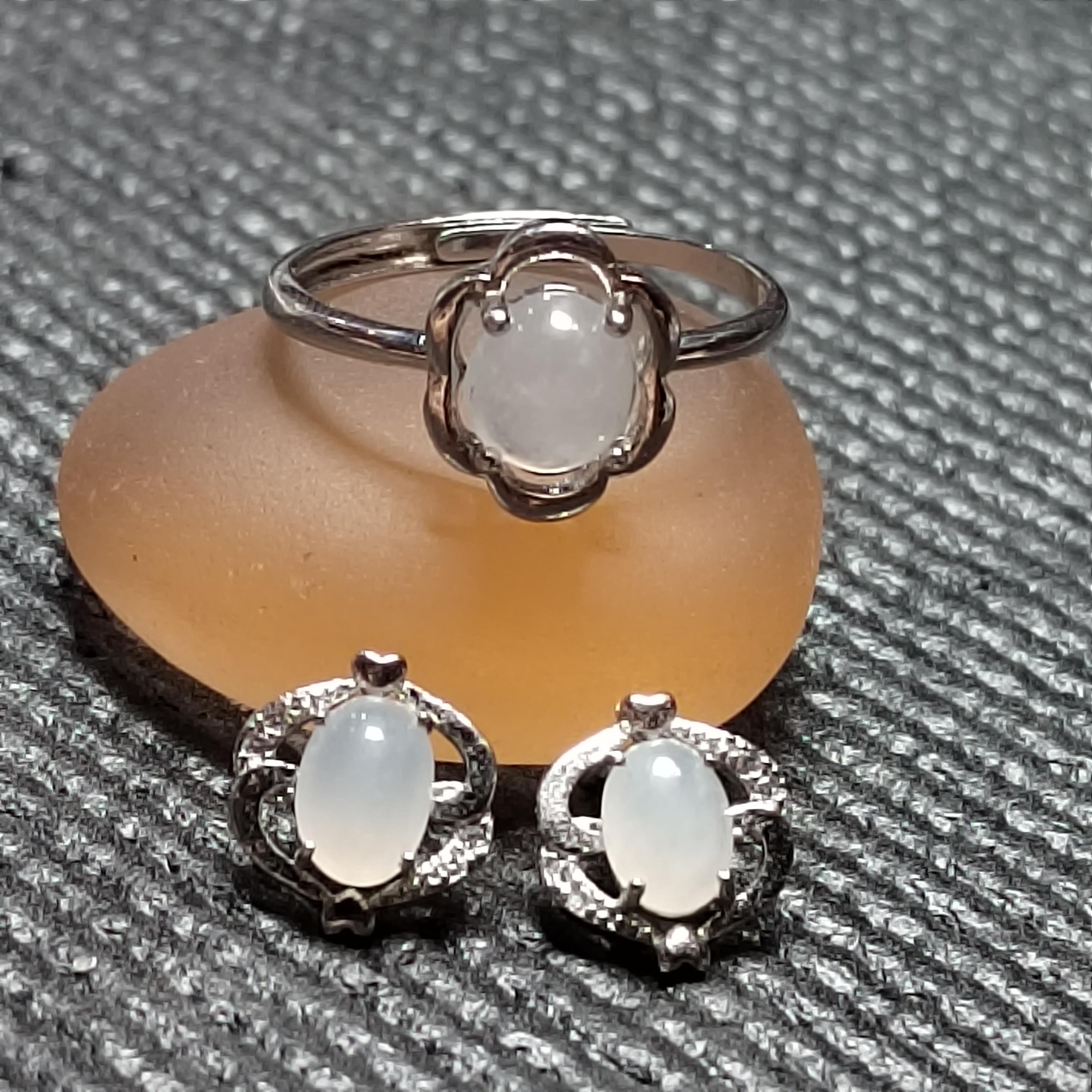 Minimalist Natural Burmese Icy White Jadeite Ring & Earrings | S925 Sterling Silver | Pure Type A Jade Set SL412 - SL Precious