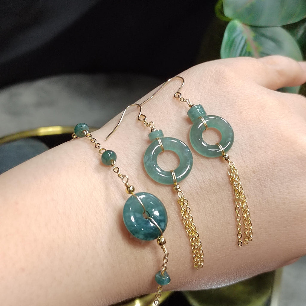 Certified Guatemala Icy Jadeite 2pcs Set | 14K Gold Filled | Minimalist Earrings & Bracelet | Elegant Pi Disc 平安扣 SL117