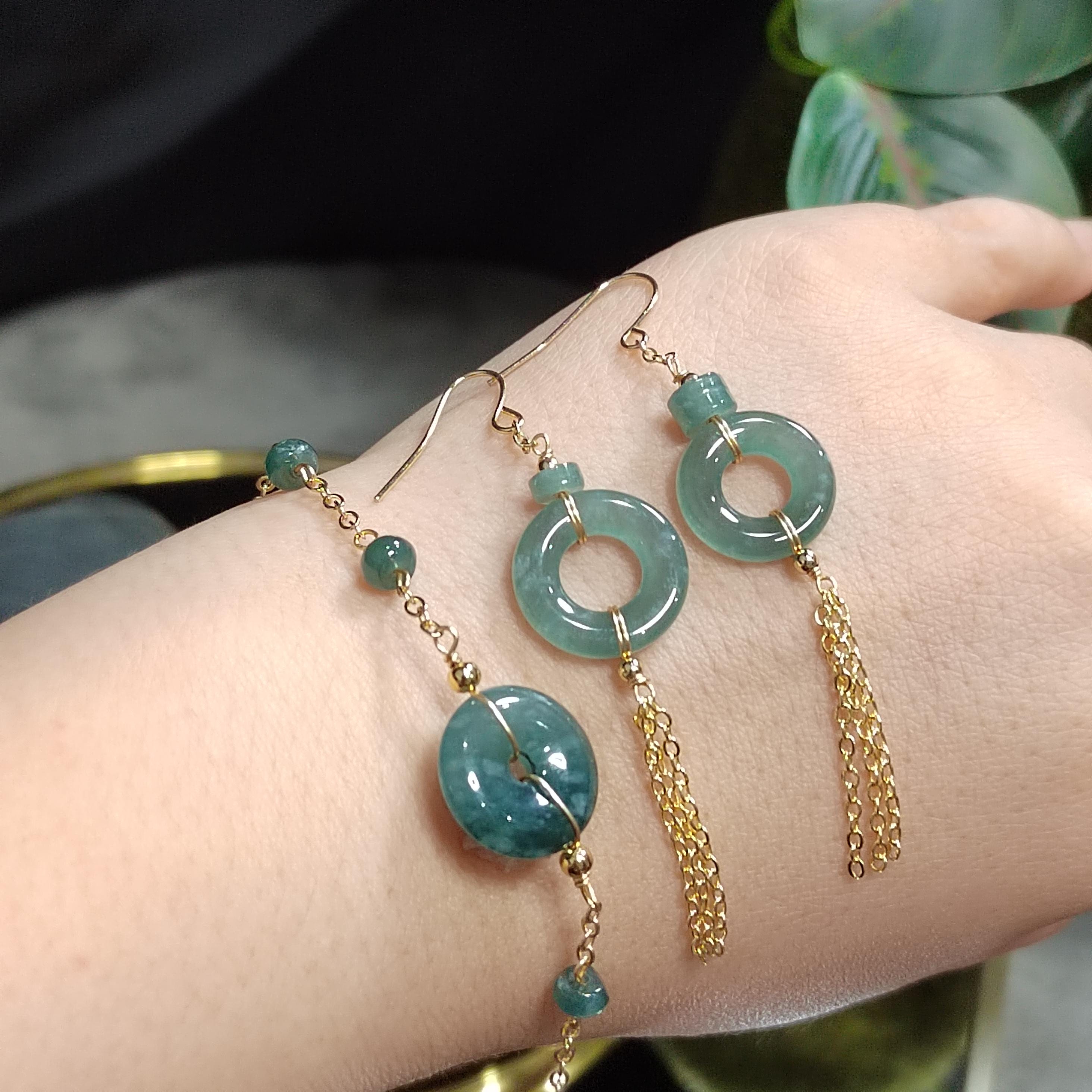Certified Guatemala Icy Jadeite 2pcs Set | 14K Gold Filled | Minimalist Earrings & Bracelet | Elegant Pi Disc 平安扣 SL117