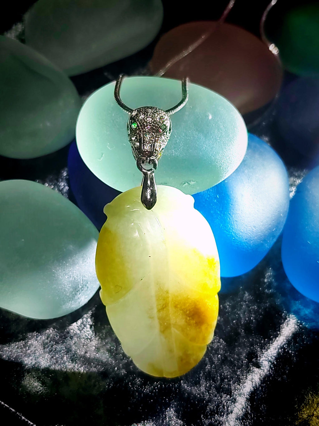 Luxurious Yellow Jadeite Leaf Pendant - Exquisite Panther Bail, 925 Sterling Silver Plated with 18K White Gold SL8000 - SL Precious