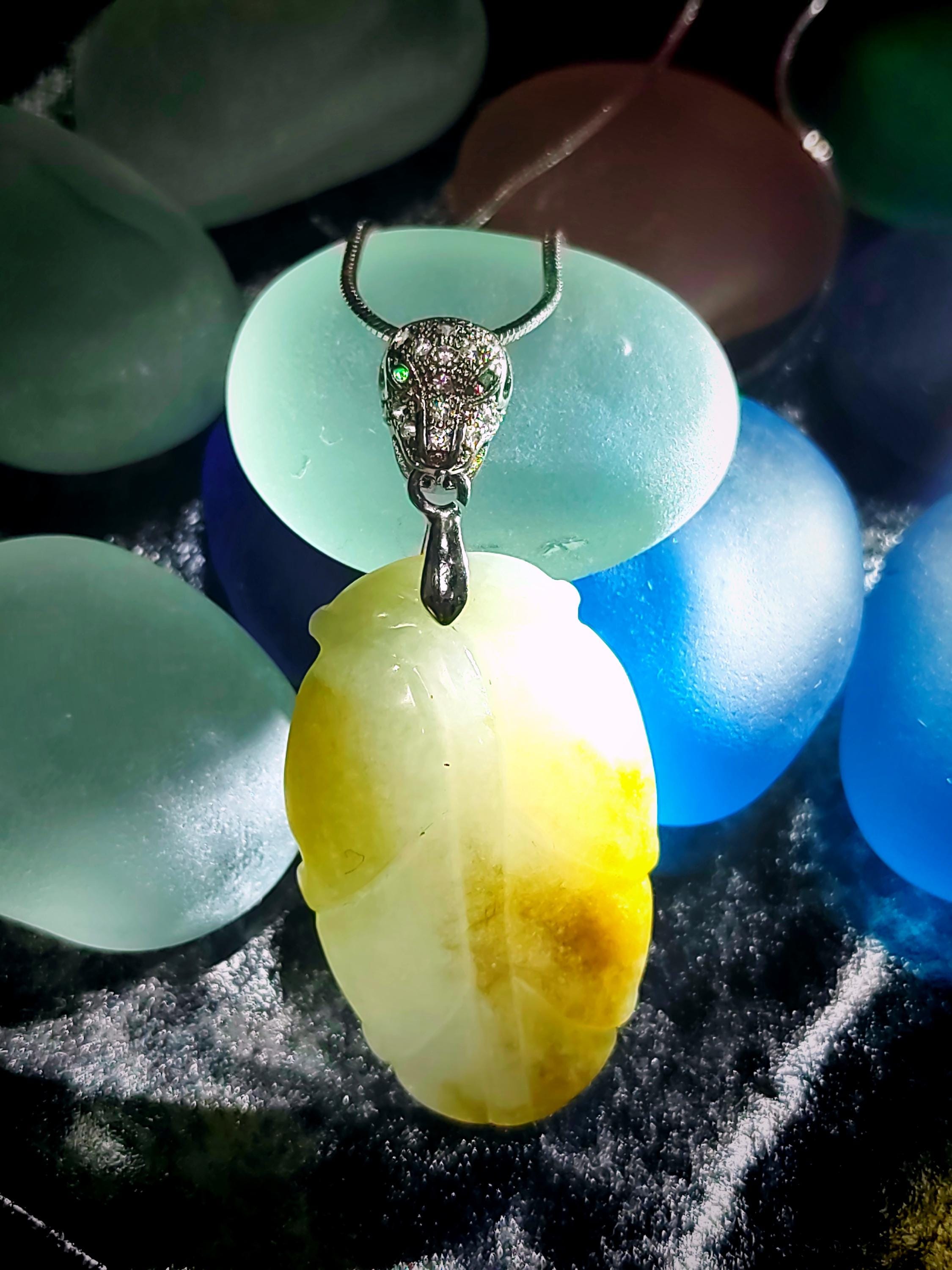 Luxurious Yellow Jadeite Leaf Pendant - Exquisite Panther Bail, 925 Sterling Silver Plated with 18K White Gold SL8000 - SL Precious