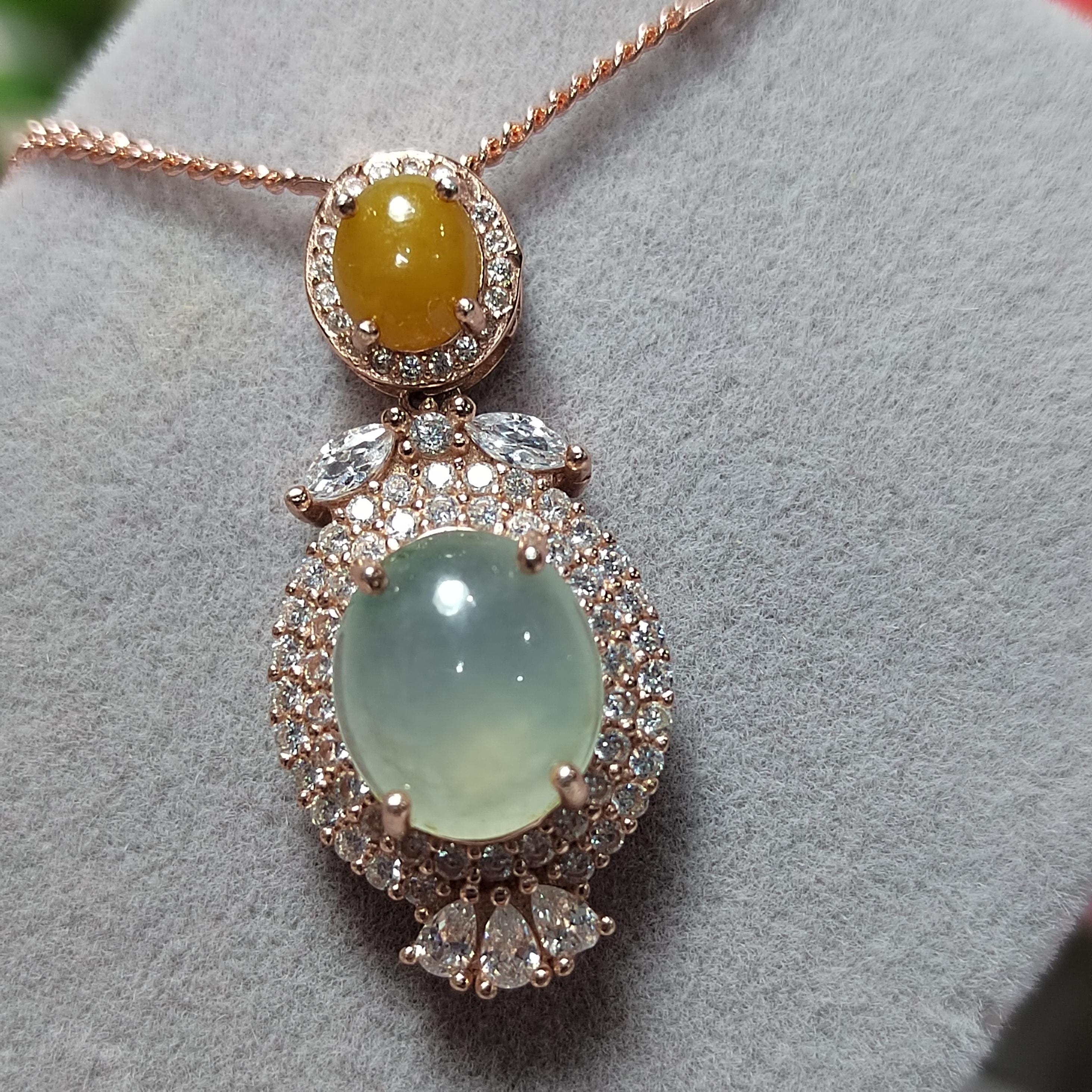 A Grade Women Natural Gemstone Untreated Burmese Yellow & Icy White Jadeite Pendant 925 Sterling Silver with 18k Rose Gold Plated SL094