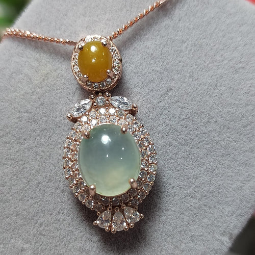 A Grade Women Natural Gemstone Untreated Burmese Yellow & Icy White Jadeite Pendant 925 Sterling Silver with 18k Rose Gold Plated SL094 SL Precious