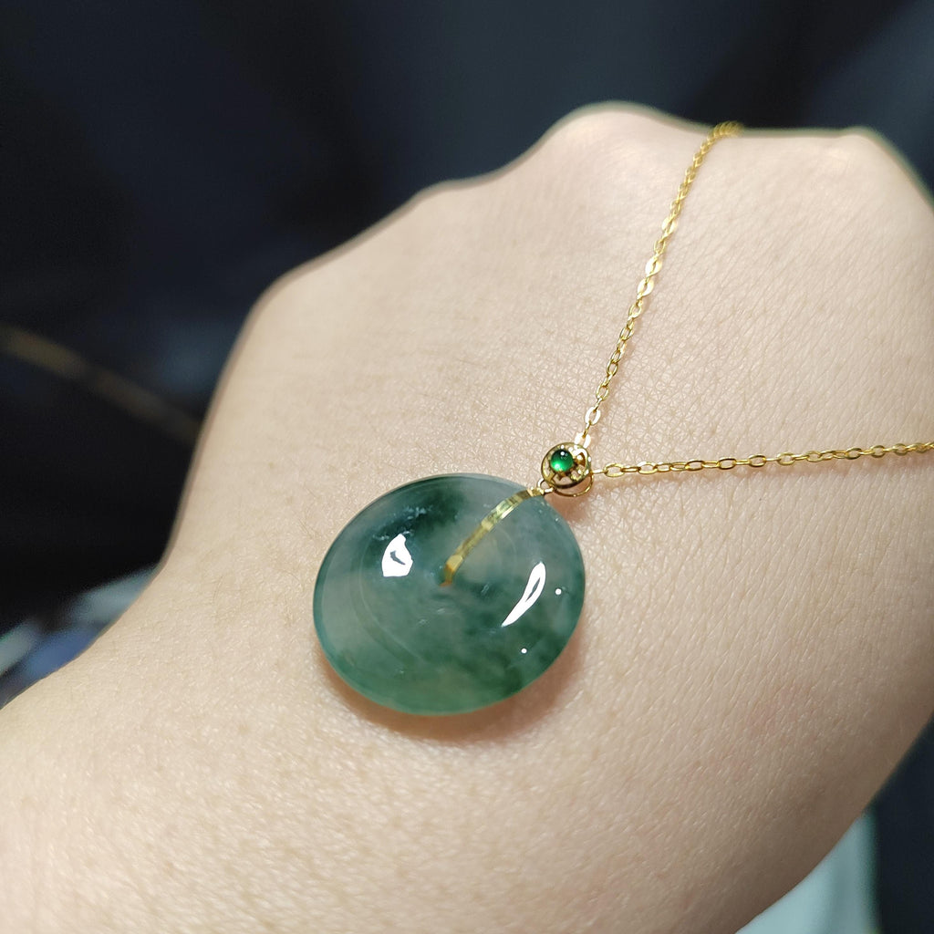 Certified A-Grade Natural Untreated Burmese Dynasty Design Icy Floral Green Donut Jadeite Pendant 冰飘花 G18K SL375