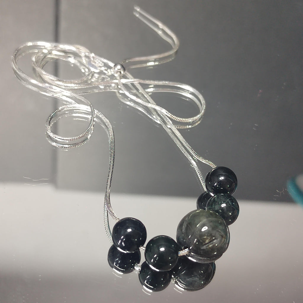 Natural Burmese Black Ink Wuji Jadeite Necklace | Minimalist Design | S9999  Silver Filled Vermeil Adjustable Chain | SL332