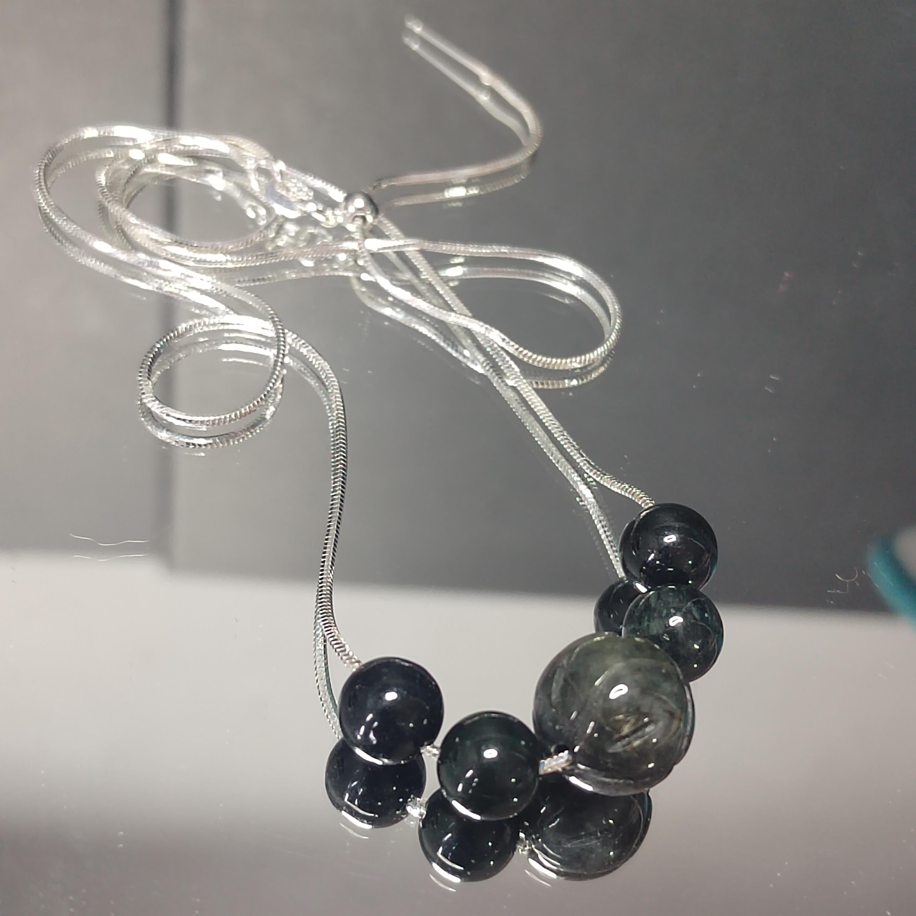 Natural Burmese Black Ink Wuji Jadeite Necklace | Minimalist Design | S9999  Silver Filled Vermeil Adjustable Chain | SL332