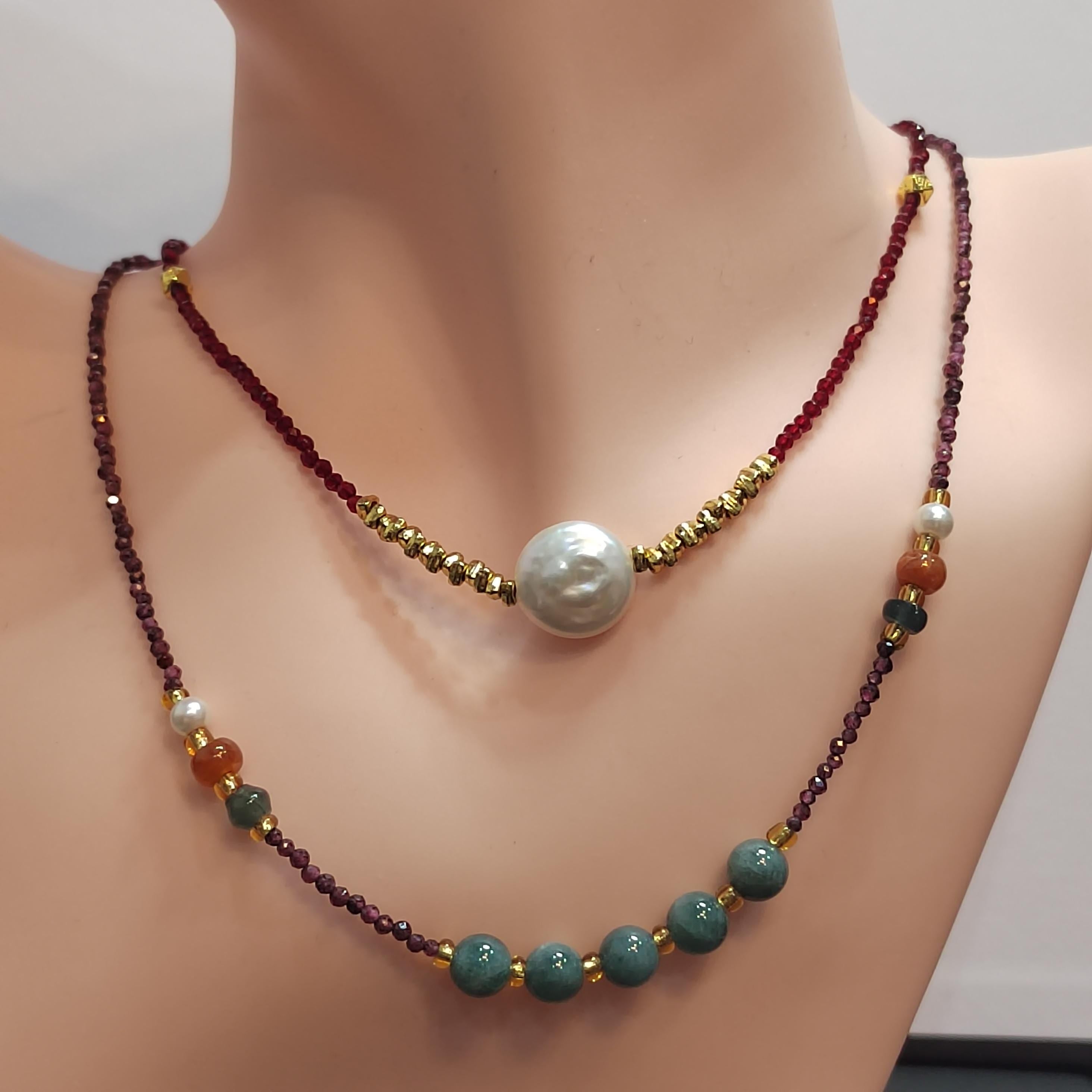 Natural Double Layer Choker Necklace | Purple Garnet, Burmese Ocean Blue Green Jadeite,Baroque Freshwater Pearls, Sri Lanka Red Spinel SL296