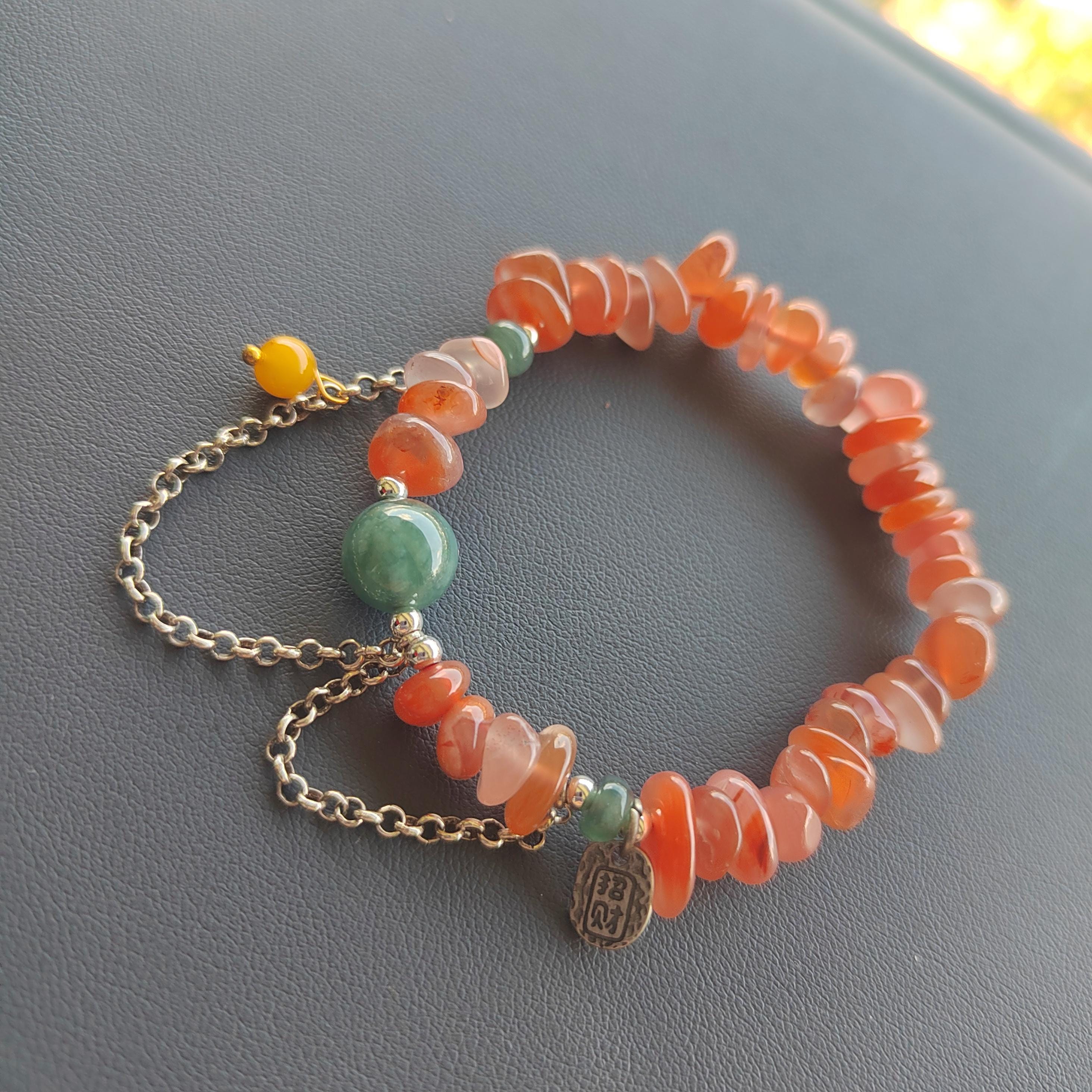 Natural Handmade China Icy Uneven Cut Orange Red Nanhong Agate, Beeswax Amber & Burmese Jadeite Bead Bracelet Jewelry SL326