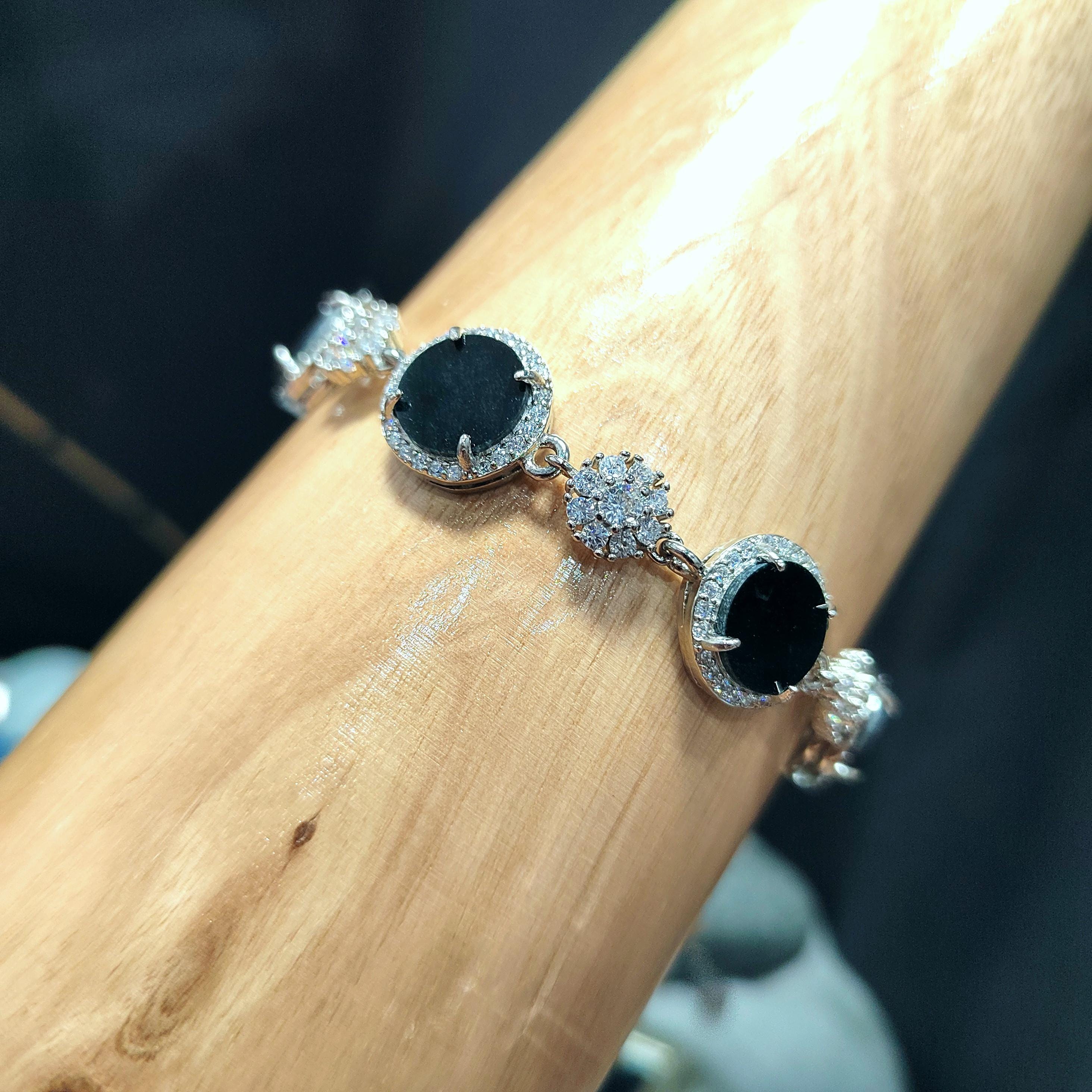 Certified Unique Natural Untreated Burmese Black Ink Jadeite Bracelet Full with Zircon Stone Set SL373