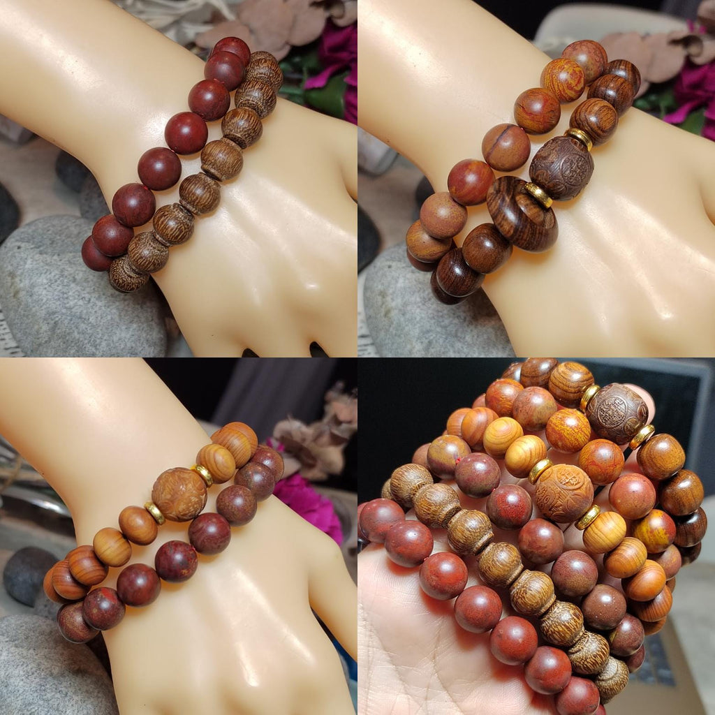 2pcs Set Unisex Natural Wood & Aromatic Bead Bracelets | Ebony Thuja with South Red Agate Accent | Handmade Gift for Him or Her SL416