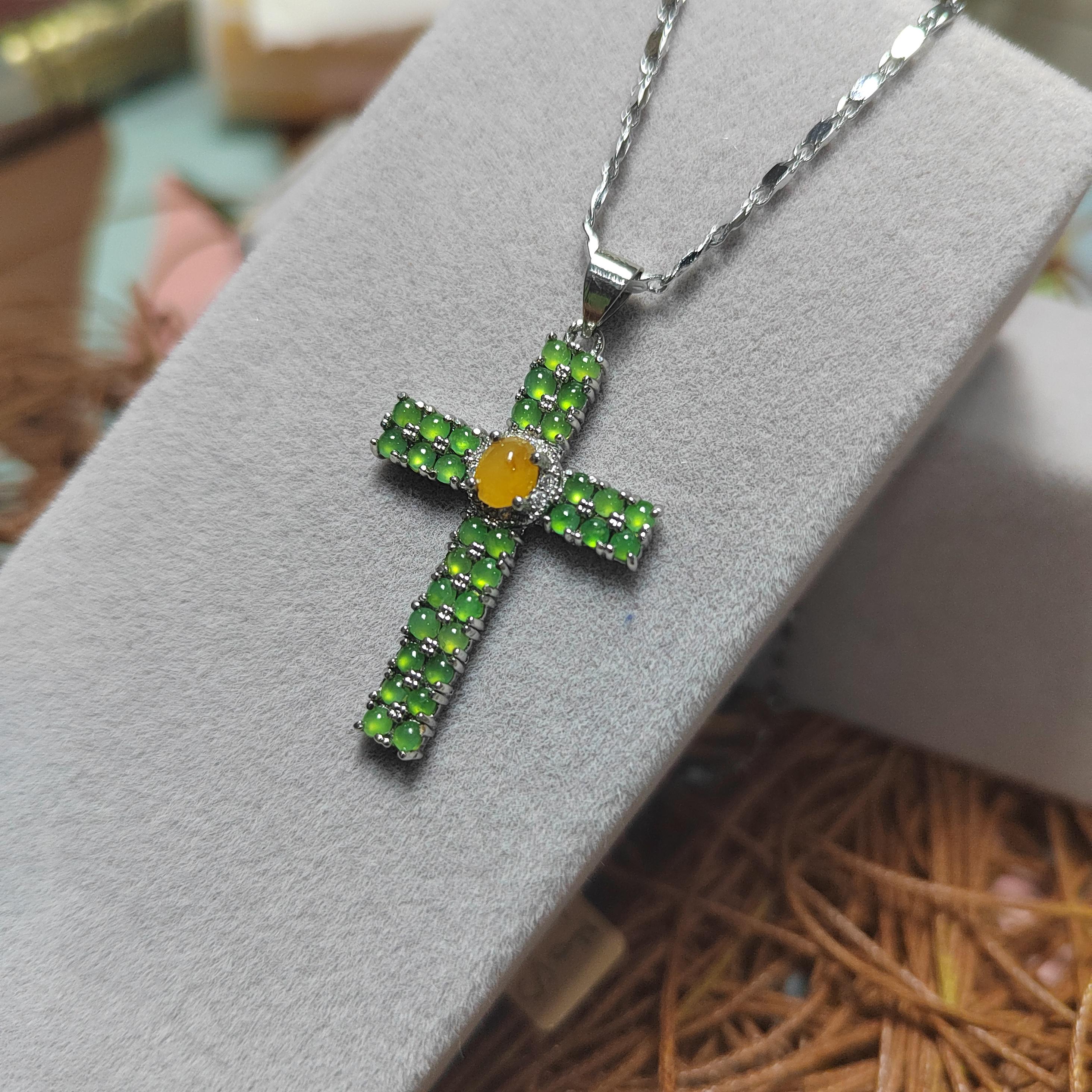 Certified Beautiful Gemstone A Grade Burmese Natural Apple Green/Yellow Jadeite Cross 925 Untreated Christian Cross Jewelry Gifts SL058