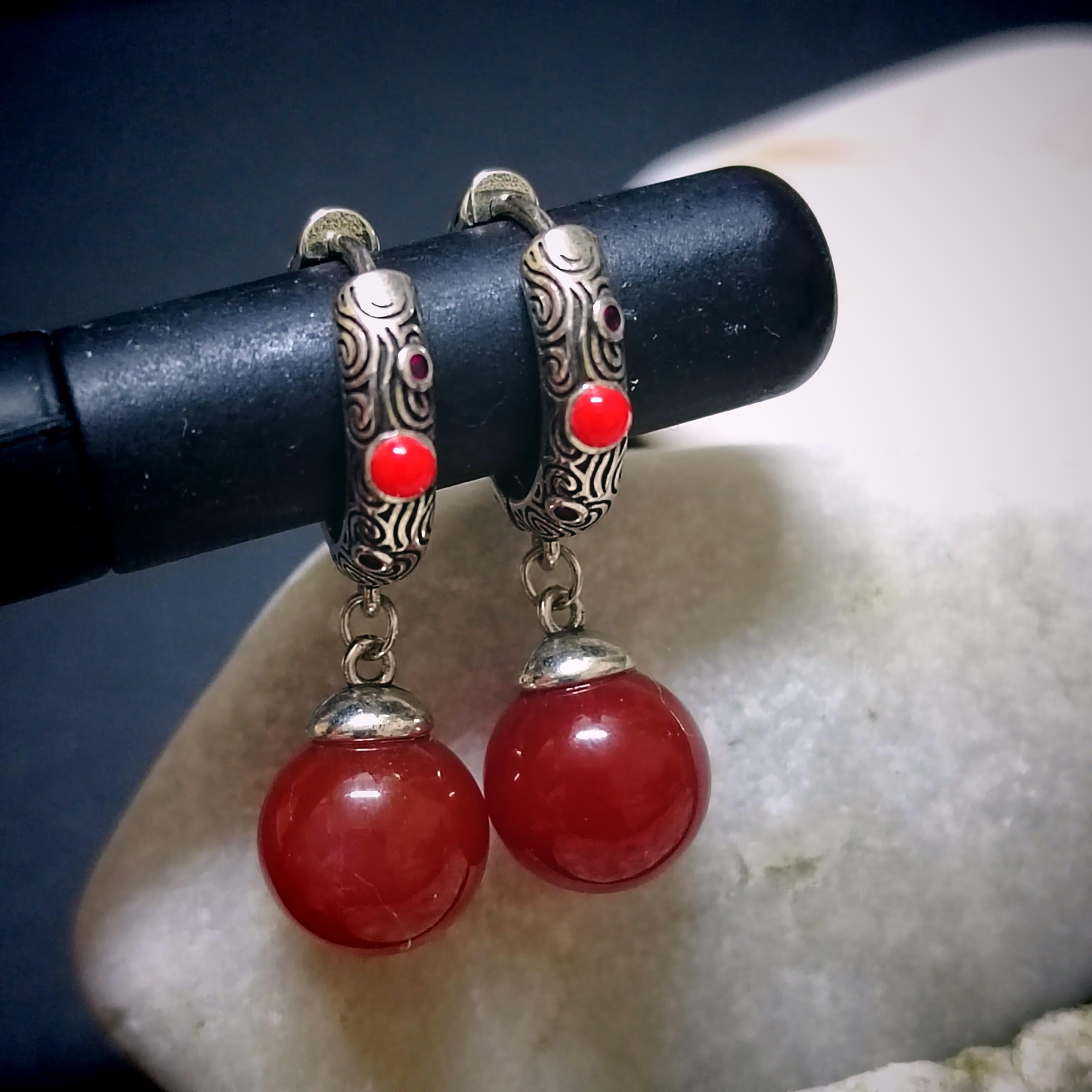 Elegant S925 Silver Design Hoop/Dangle Earrings | Certified A-Grade Natural Baoshan Southern Red Nanhong Agate SL256X15