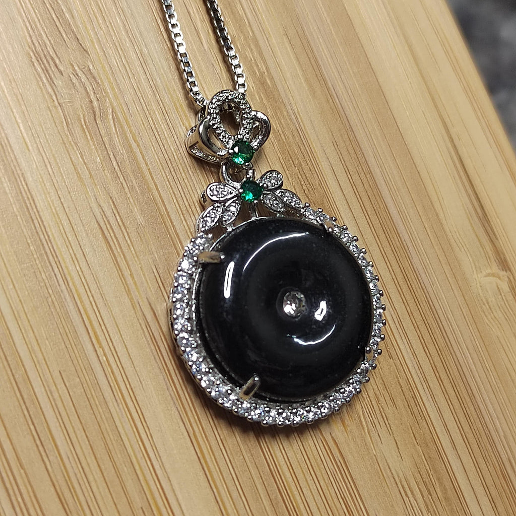 Certified A-Grade Necklace Natural Gemstone Untreated Black Ink Donut Shape Jadeite Zirconia Accents on 18K White Gold For Her Gifts SL059 - SL Precious