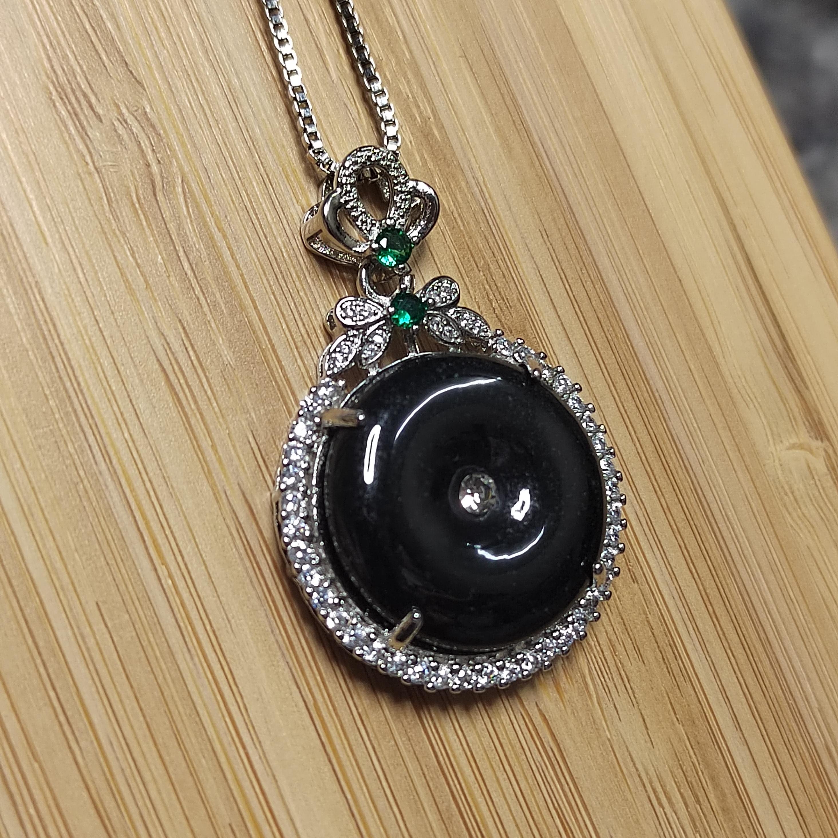 Certified A-Grade Necklace Natural Gemstone Untreated Black Ink Donut Shape Jadeite Zirconia Accents on 18K White Gold For Her Gifts SL059 - SL Precious