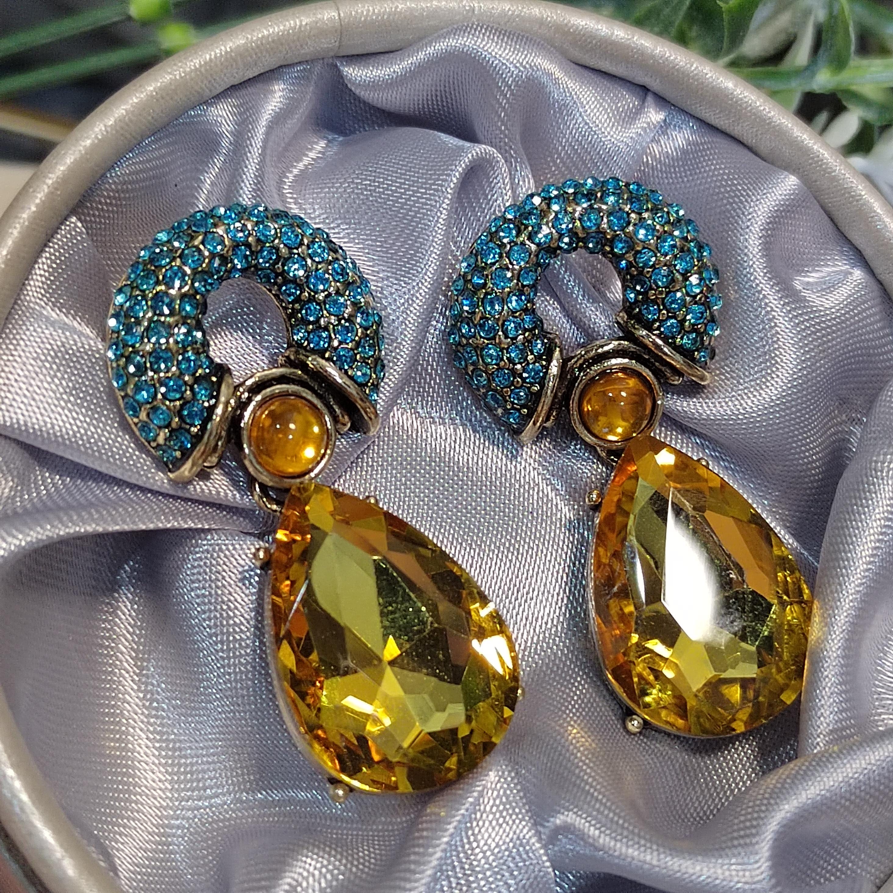 Rhinestone 925 Silver Stud Chucky Earrings Luxury Blue Yellow Wedding, Anniversary, Party, Casual SL158 - SL Precious