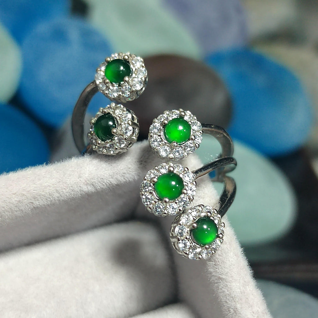 Certified Natural Untreated Guatemala Imperial Green 5pcs Flower Adjustable Design Zircon Set S925 Sterling Silver Jadeite Ring SL372