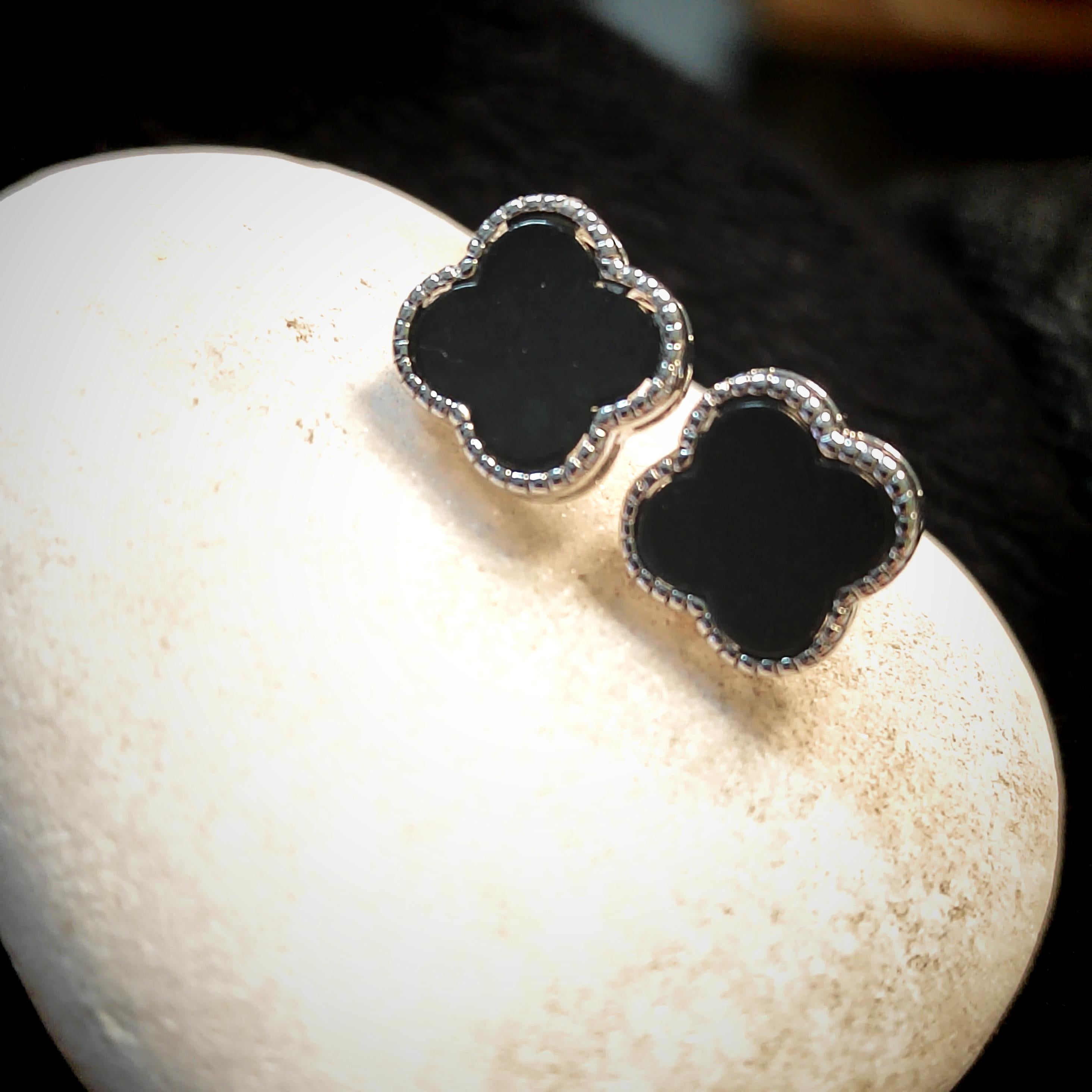 Certified A-Grade Minimalist Natural Untreated Burmese Black Ink Jadeite S925 Lucky Flower  Stud Earrings Jadeite SL257X16