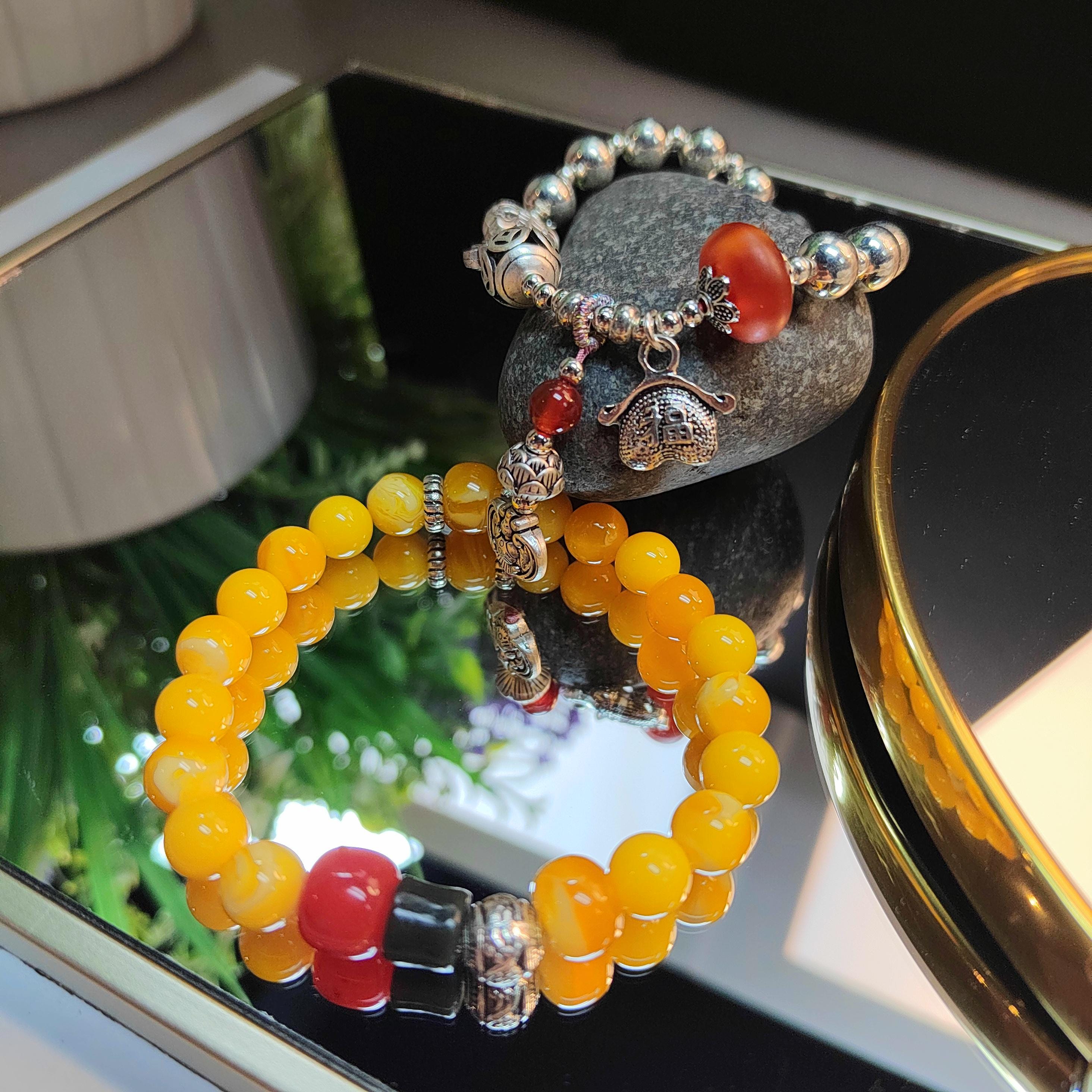 Handmade Russia Baltic Beeswax Amber Bead Bracelet with Nanhong Agate S999 Silver Bead Bracelet 2pcs Set SL344