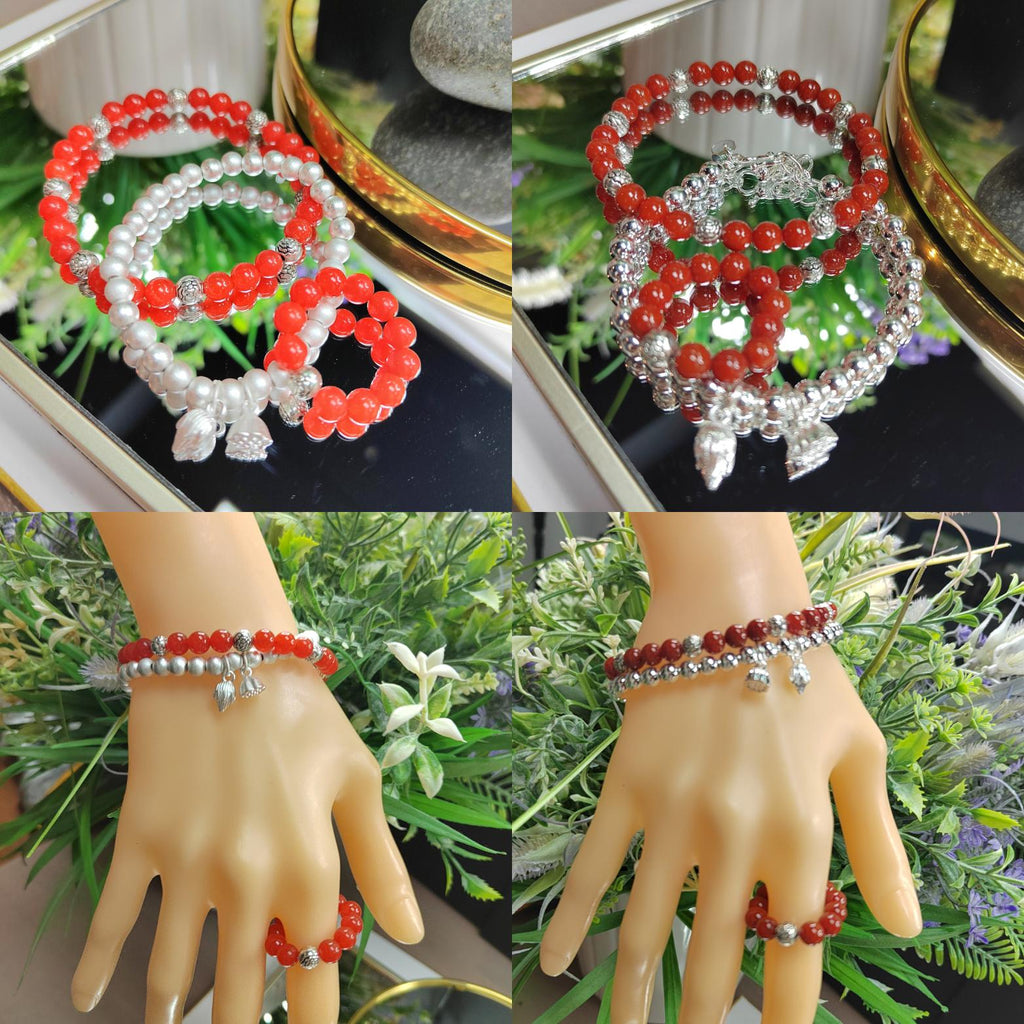 Handmade Natural Southern Yunna Baoshan| Sichuan Liangshan Oxblood Nanhong Agate| S999 Silver Filled Vermeil  Bracelet|Ring 3pcs Set SL346C