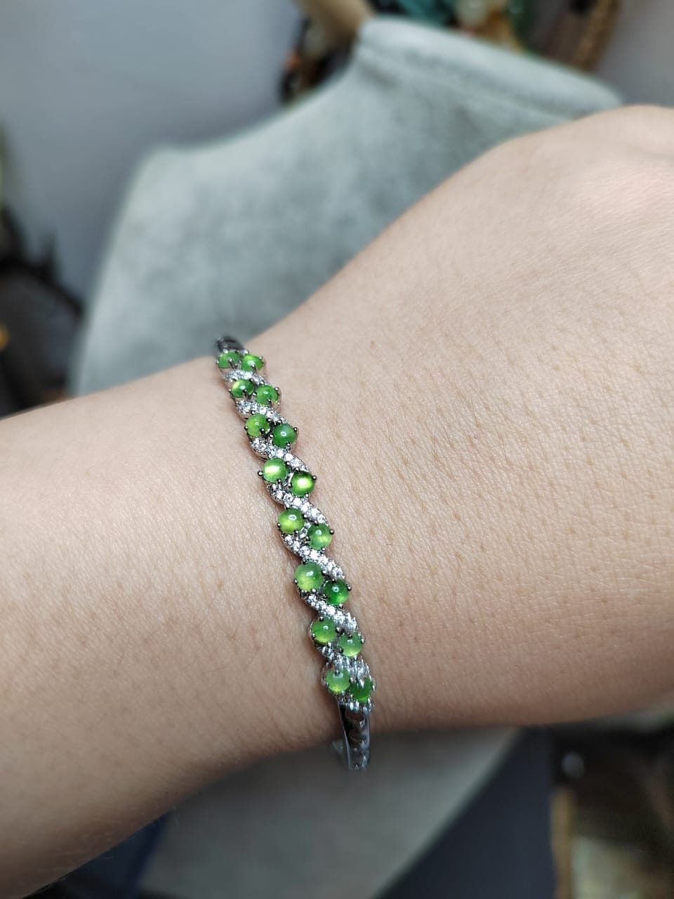 Sterling Silver Burmese Jadeite Bangle: Green Apple Zirconia Bracelet SL8013B - SL Precious