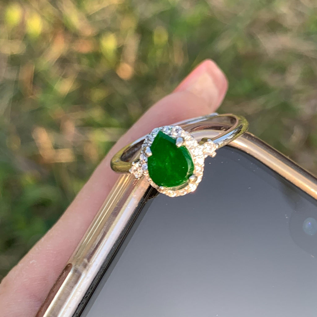 Certified A-Grade Natural Untreated Burmese Elegant Tear Drops Imperial Green With Zircon Set S925 Sterling Silver Jadeite Ring SL243X2 - SL Precious