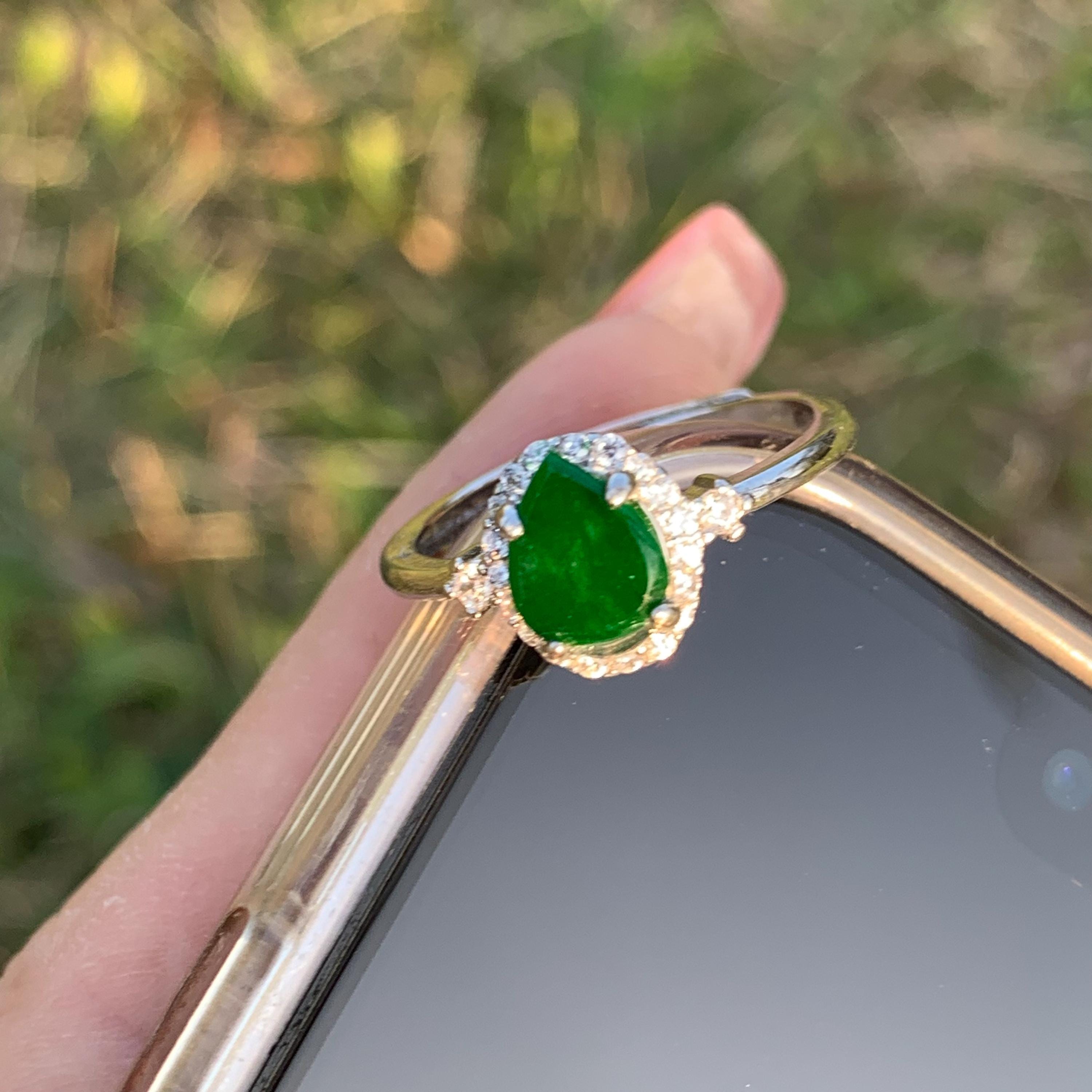 Certified A-Grade Natural Untreated Burmese Elegant Tear Drops Imperial Green With Zircon Set S925 Sterling Silver Jadeite Ring SL243X2 - SL Precious