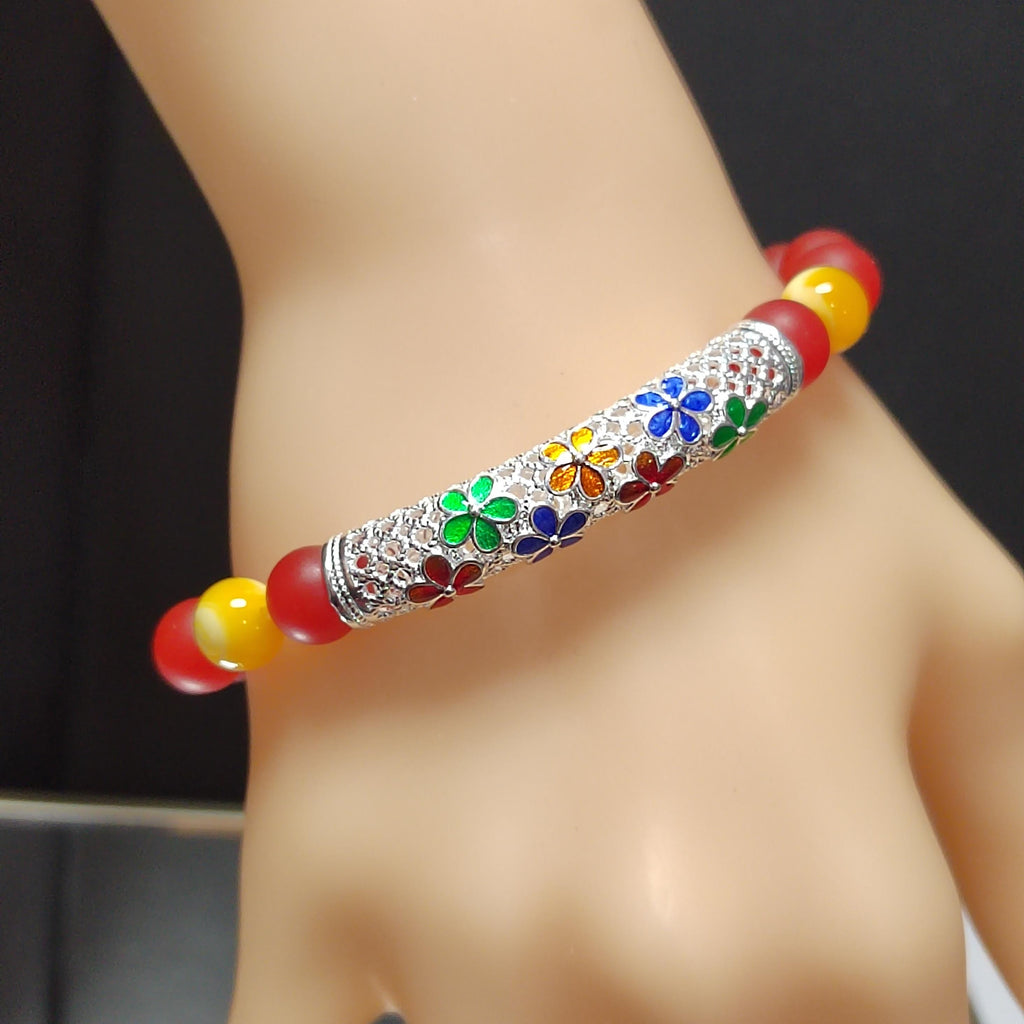 Natural Southern Nanhong Agate Matte, Russia Baltic Beeswax Amber, S9999 Silver Plated Tube Enamel Craftsmanship Bracelet SL334