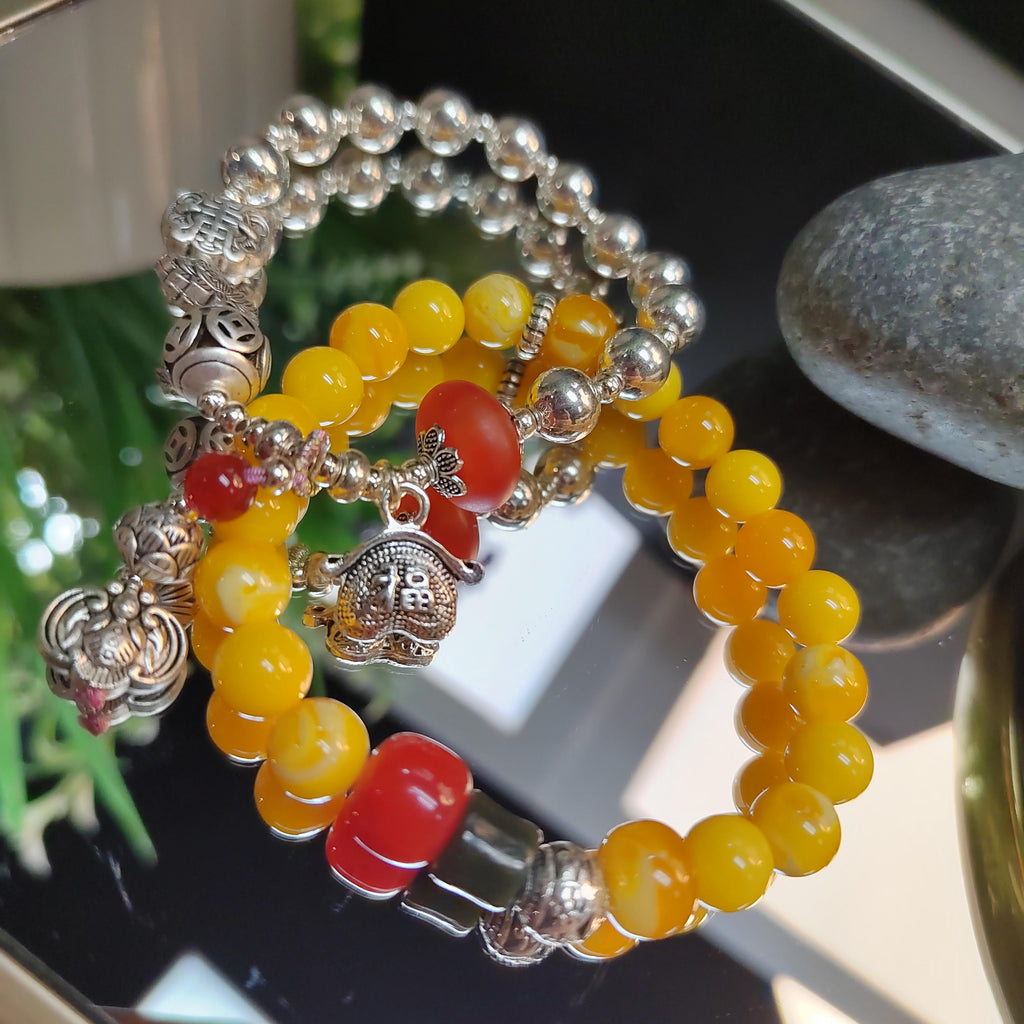 Handmade Russia Baltic Beeswax Amber Bead Bracelet with Nanhong Agate S999 Silver Bead Bracelet 2pcs Set SL344 - SL Precious