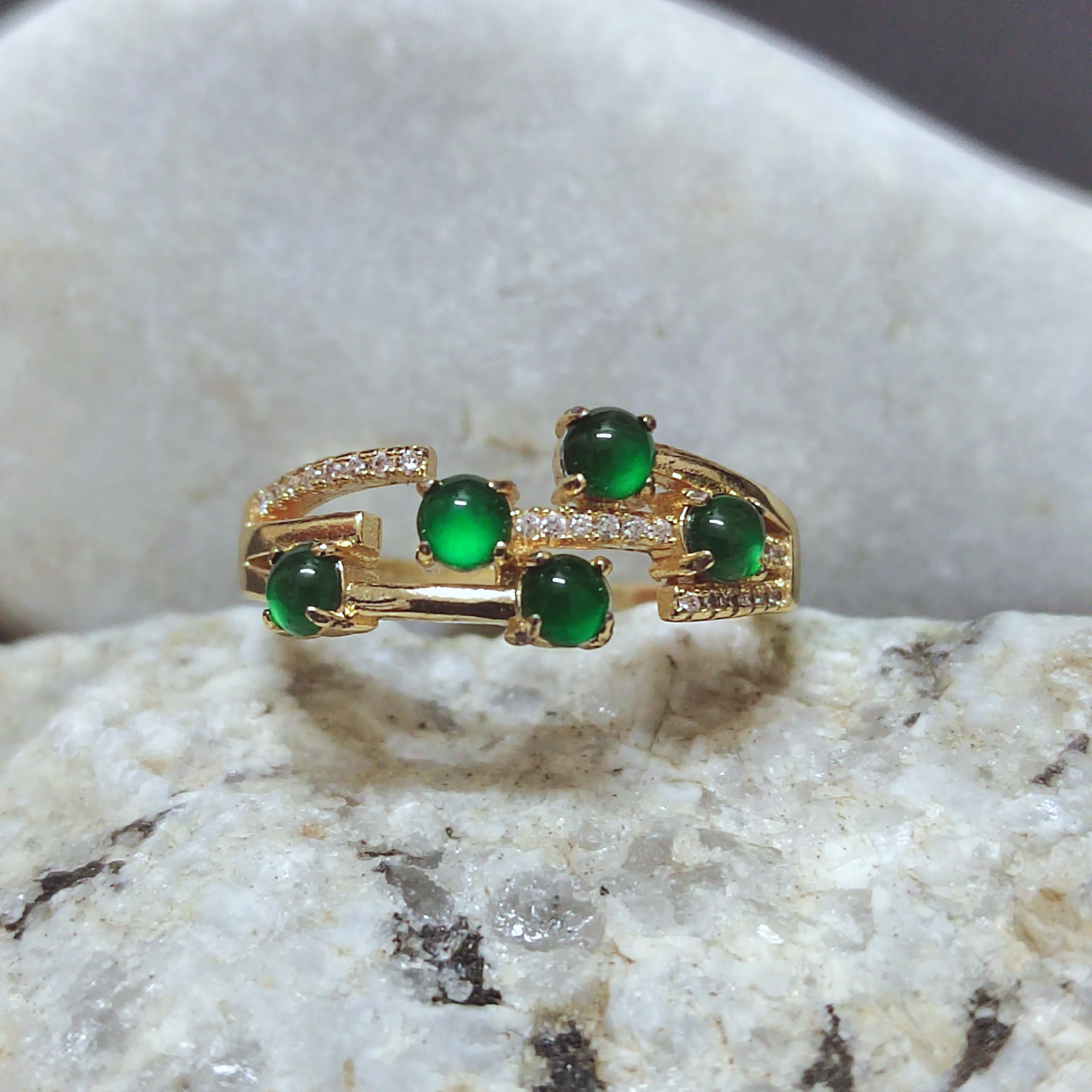 Elegant 5pcs Certified Imperial Green Guatemala Jadeite Rings, Untreated Natural Gemstones with Zircon, 18K Gold Plated SL247X6 - SL Precious