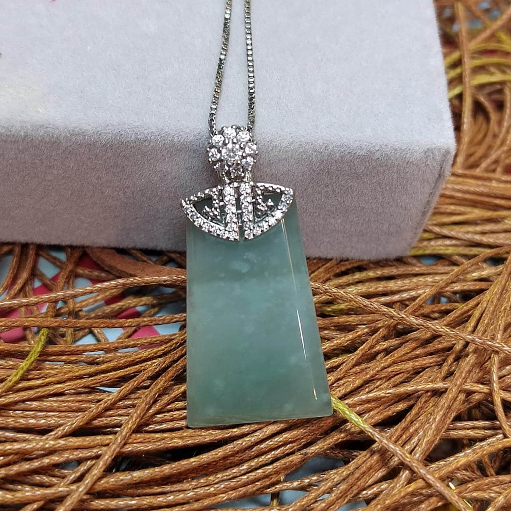 Guatemala Icy White Green Blue Sky Trapezoid Jadeite Pendant | A-Grade Natural | Women & Men | Zirconia Accents SL041 - SL Precious