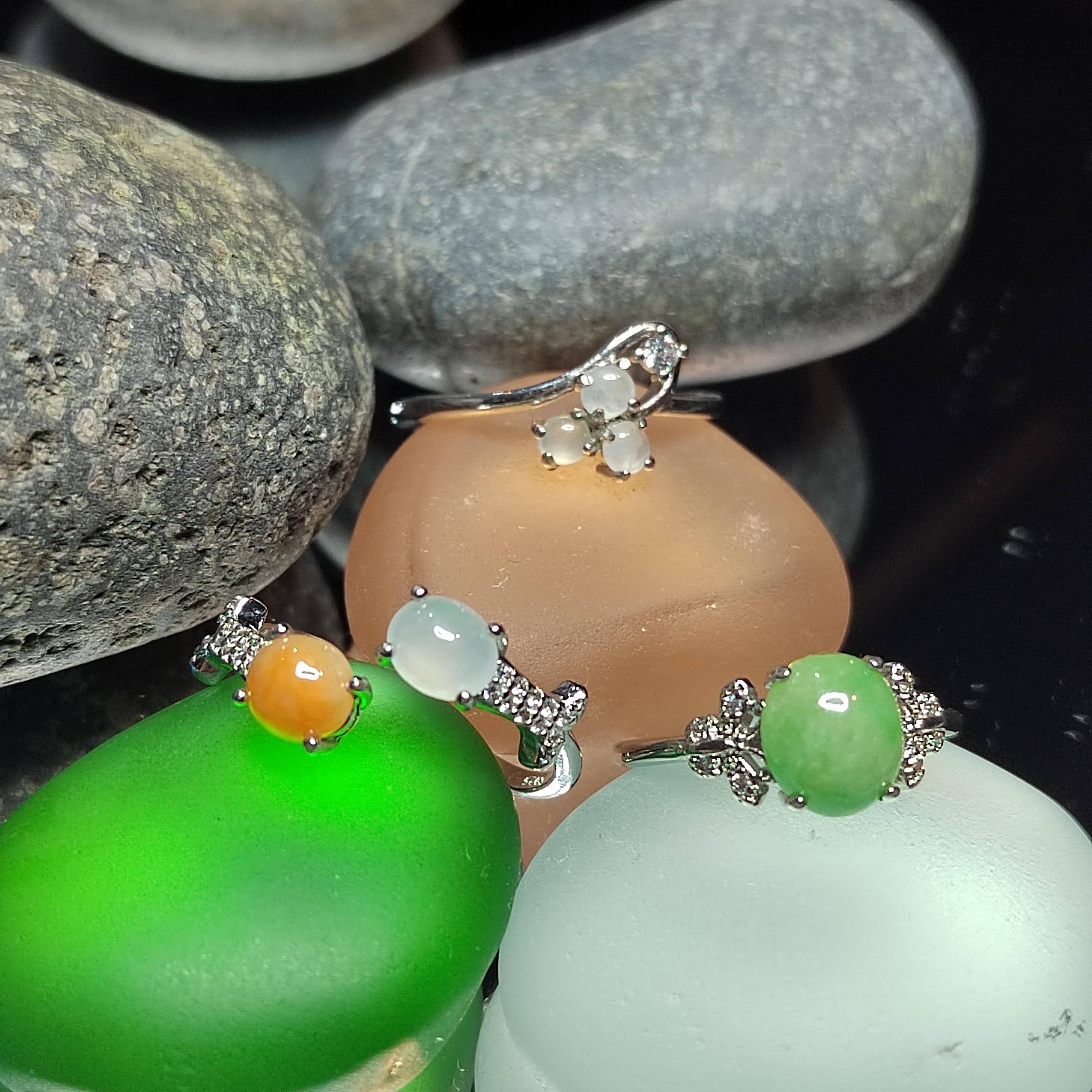 3pcs Set Natural Untreated Burmese Jadeite Rings | Imperial Green Orange Icy White | S925 Silver | Free Shipping SL407