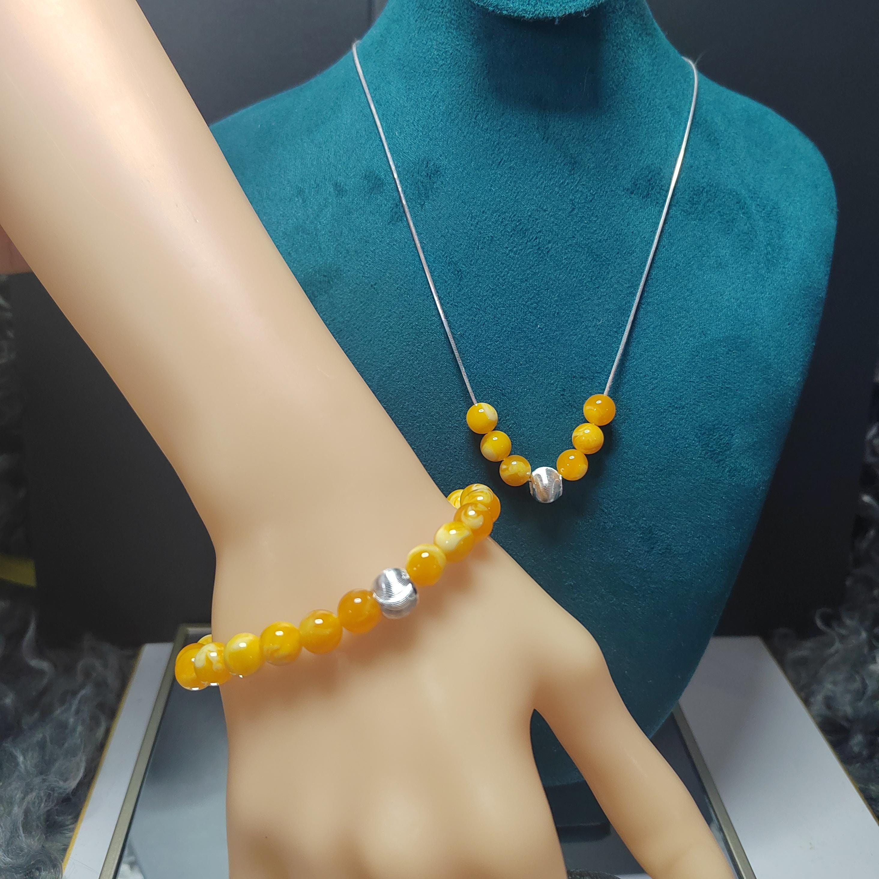 2pcs Set | Natural Russian Beeswax Amber Bead Bracelet & Necklace | Handmade Minimalist Jewelry SL329