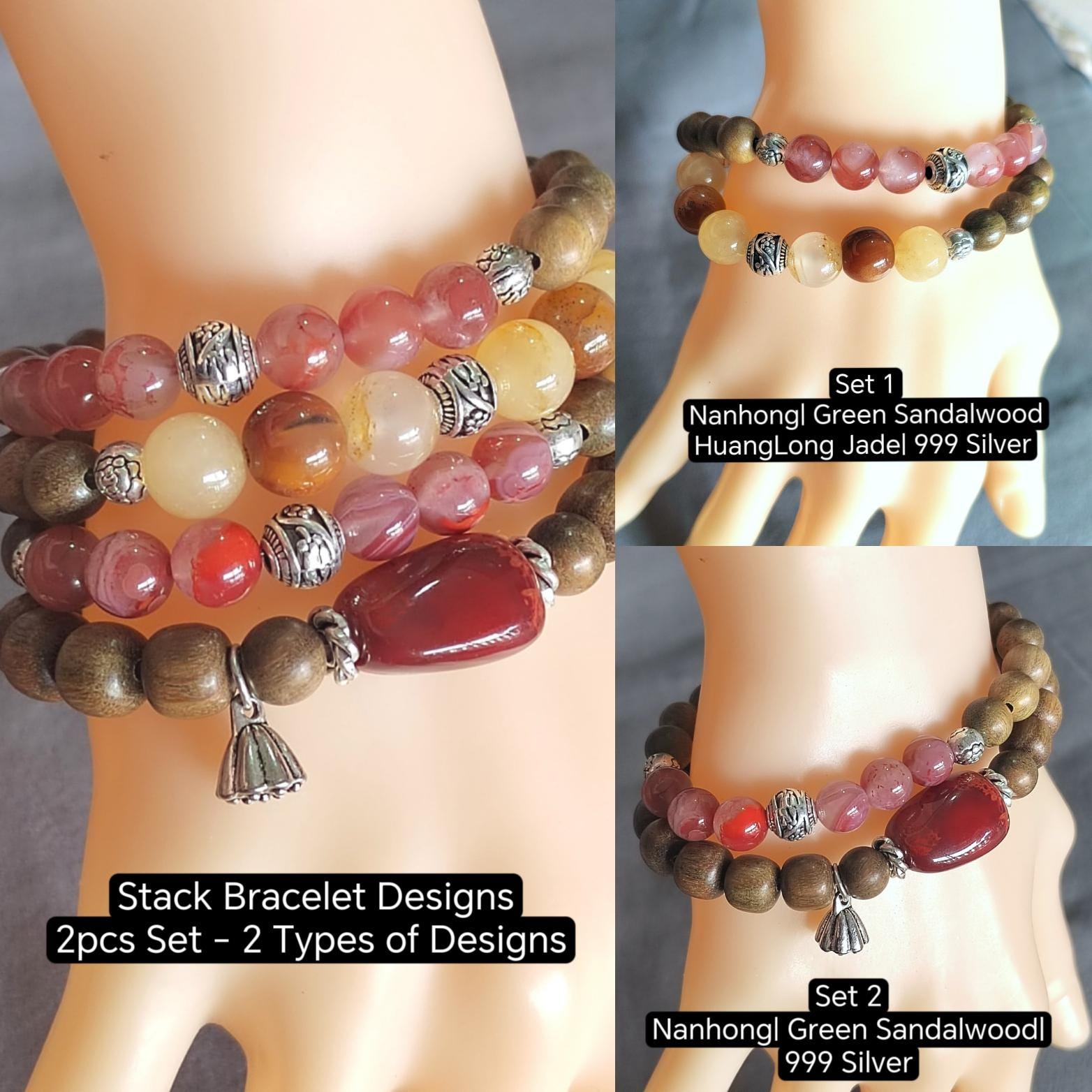 Nanhong Agate & Sandalwood Bracelet: 999 Silver Beads, Aromatherapy Jewelry SL403