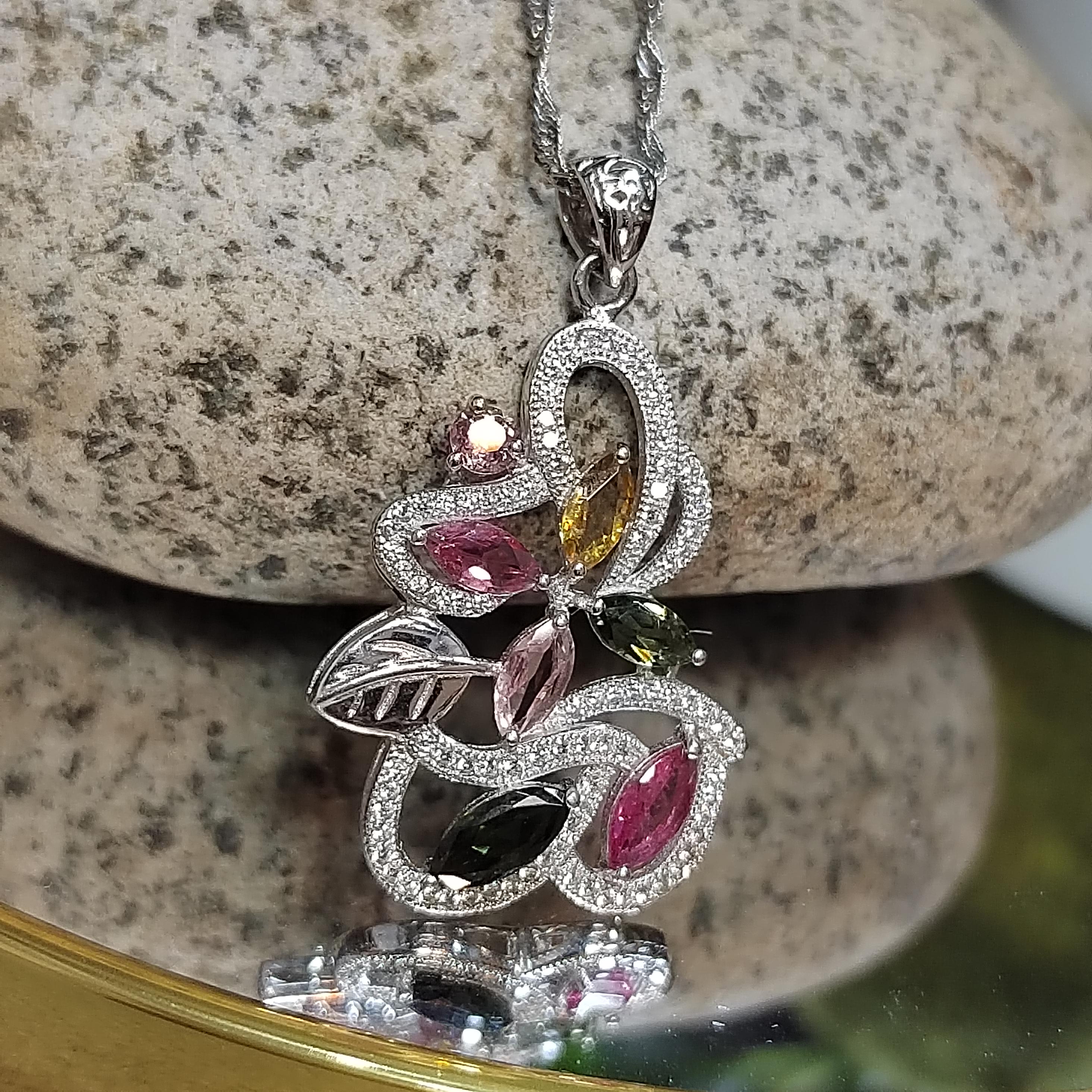 Colorful Untreated Natural Tourmaline Pendant Beautiful Flowers with Zirconia Setting SL071 - SL Precious