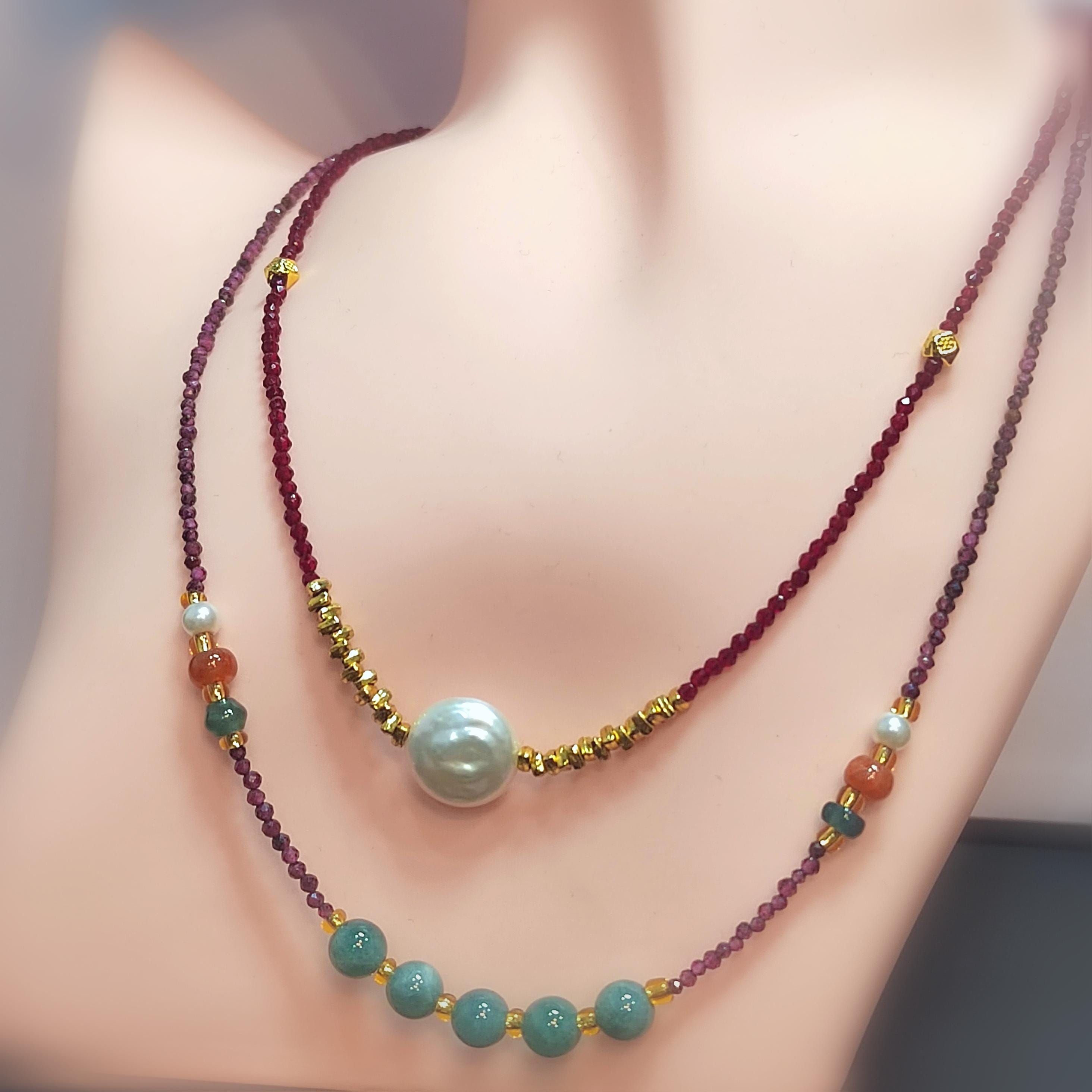 Natural Double Layer Choker Necklace | Purple Garnet, Burmese Ocean Blue Green Jadeite,Baroque Freshwater Pearls, Sri Lanka Red Spinel SL296