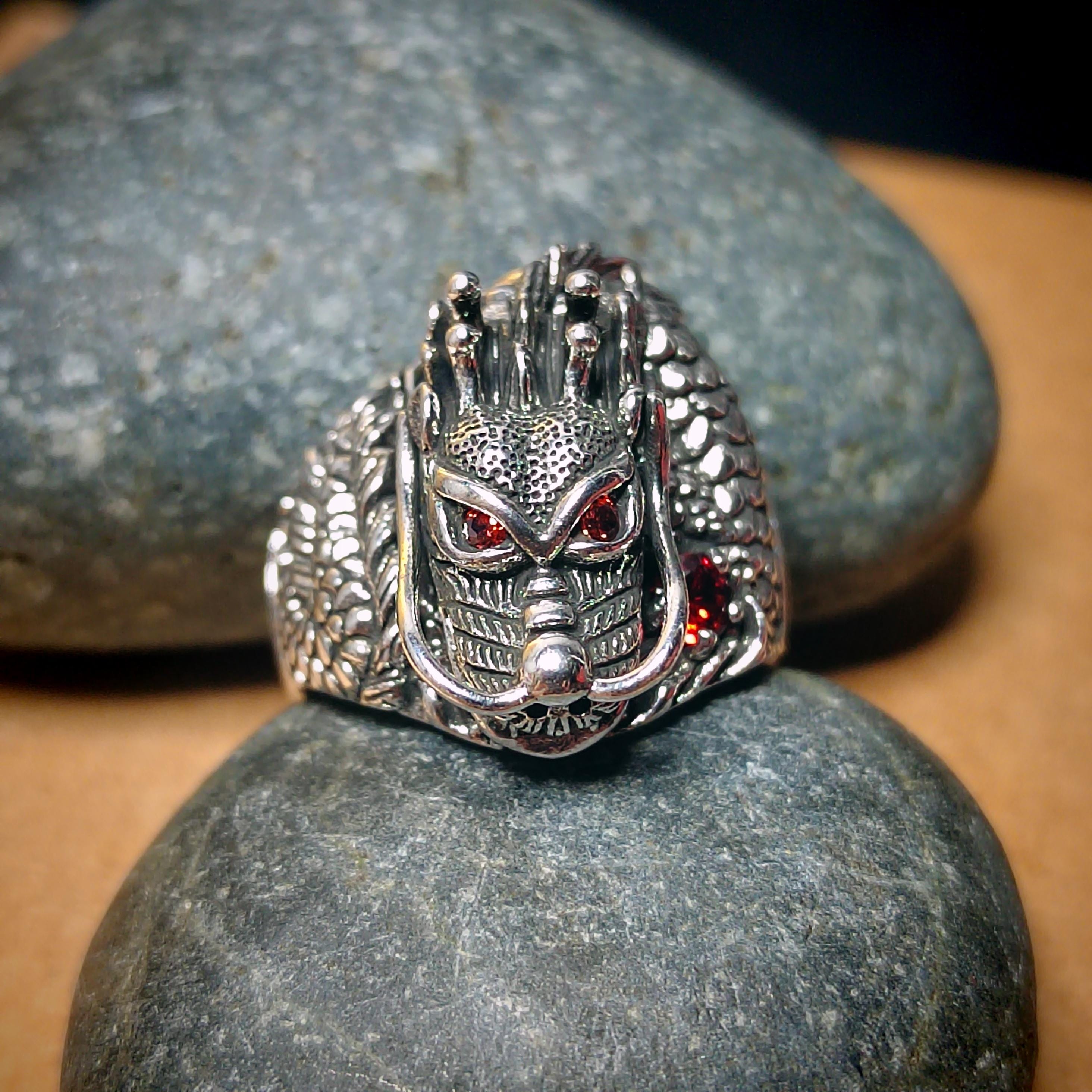 Large 925 Sterling Silver Dragon Ring | Red Zircon Accent | Thai Trend Design SL232 - SL Precious