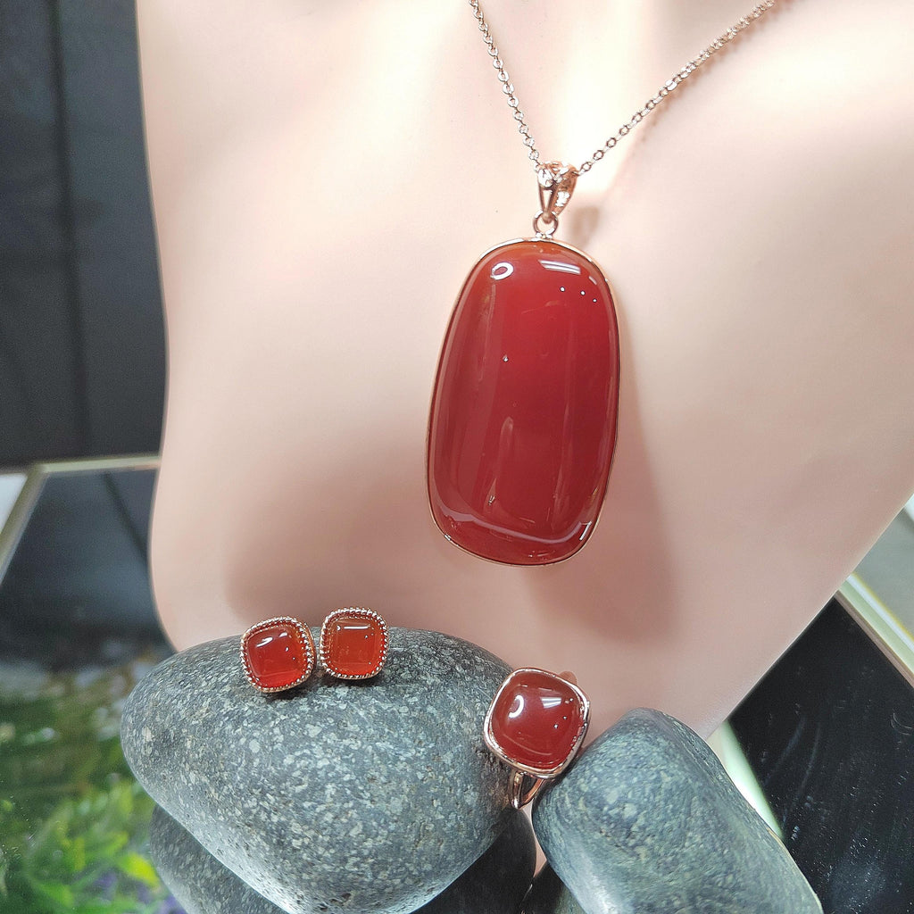 Certified Natural Southern Baoshan Nanhong Icy Top Quality Agate 3pcs Set Earrings -Ring -Pendant/Chain 18k Rose Gold Plated S925 SL358