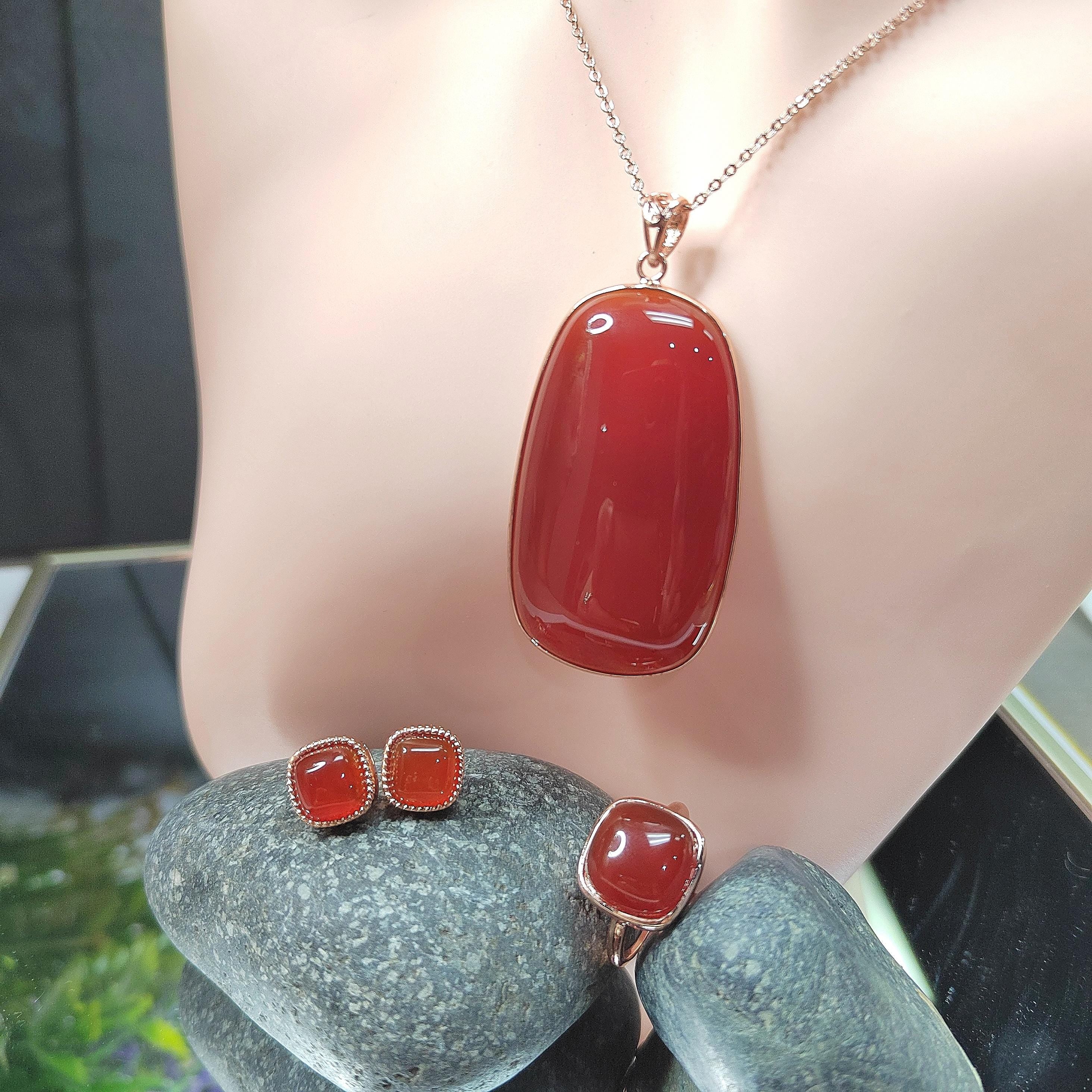 Certified Natural Southern Baoshan Nanhong Icy Top Quality Agate 3pcs Set Earrings -Ring -Pendant/Chain 18k Rose Gold Plated S925 SL358