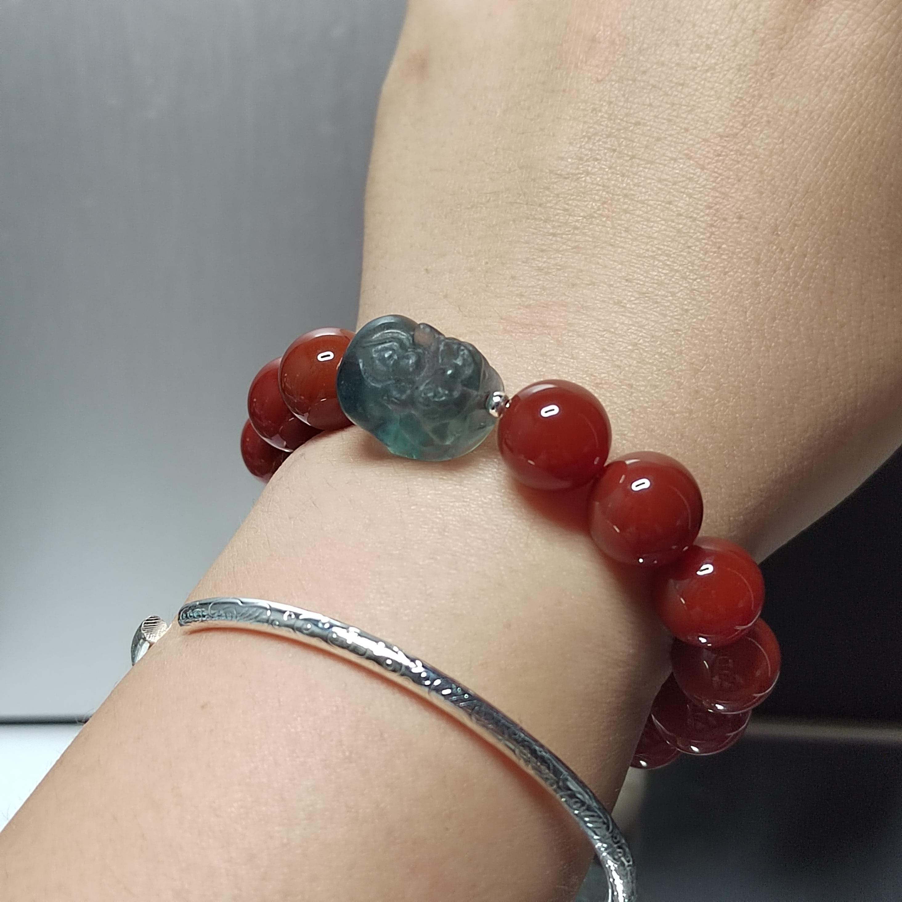 Certified A-Grade Natural China Baoshan Southern Red Oily Nanhong & Fluorite Brave Troops Bead Bracelet Handmade Design SL282