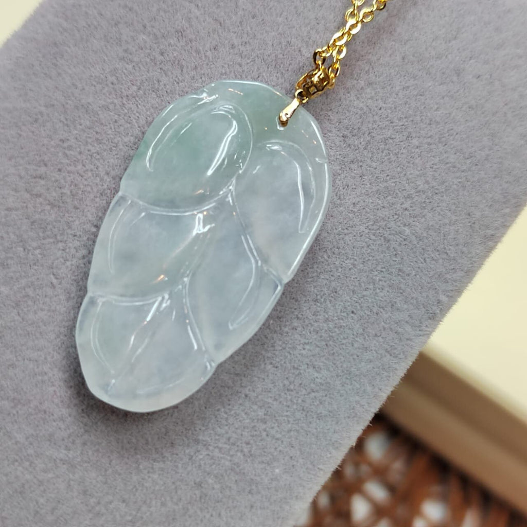 Certified Natural A-Grade Untreated Burmese Icy  Snow White| Green 雪花棉Leaf Jadeite Pendant | 18K Solid Gold Setting SL023 - SL Precious