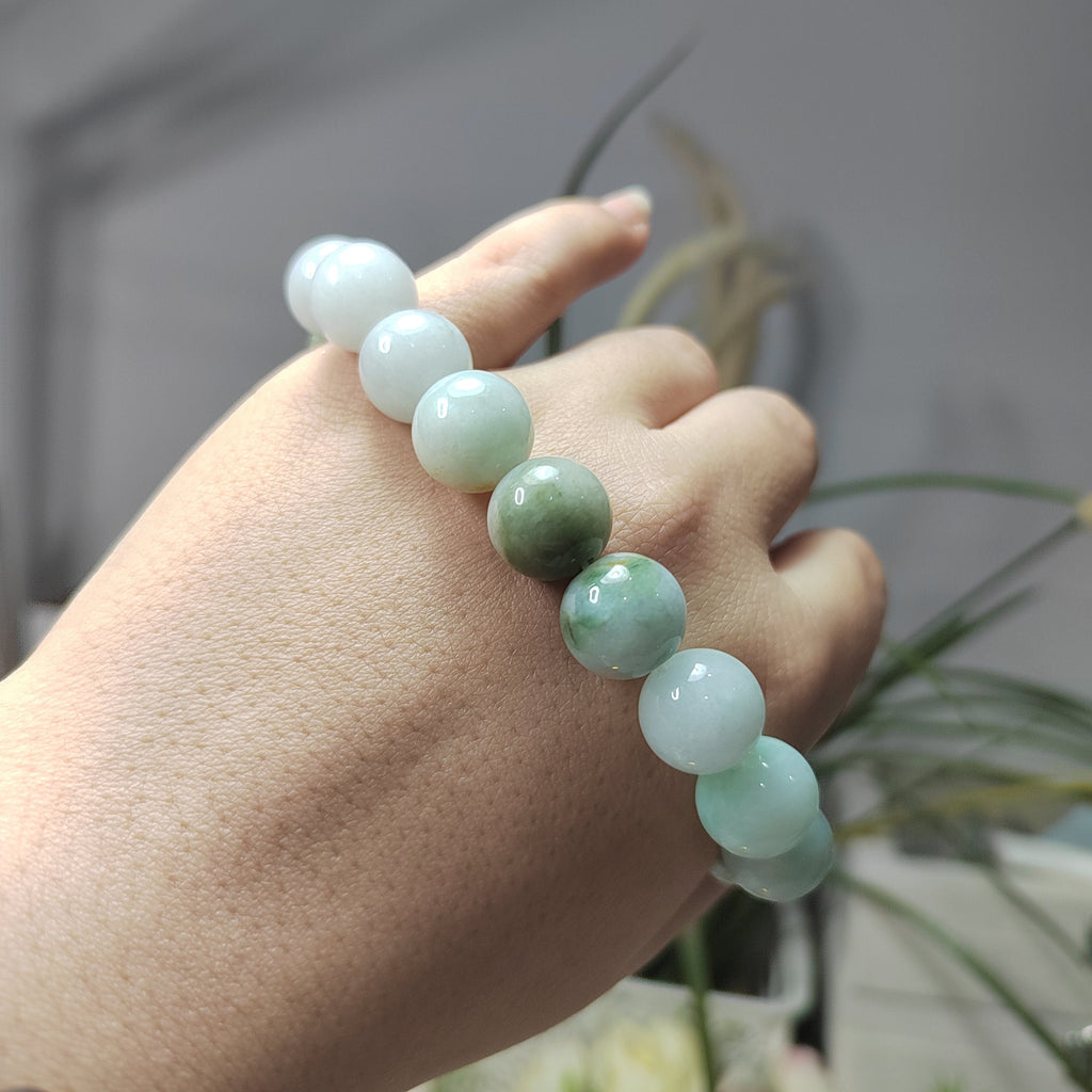 Natural Untreated Burmese Jadeite Bead Bracelet | Icy White, Apple Green, Yellow Mix | Round Beads | SL104 - SL Precious