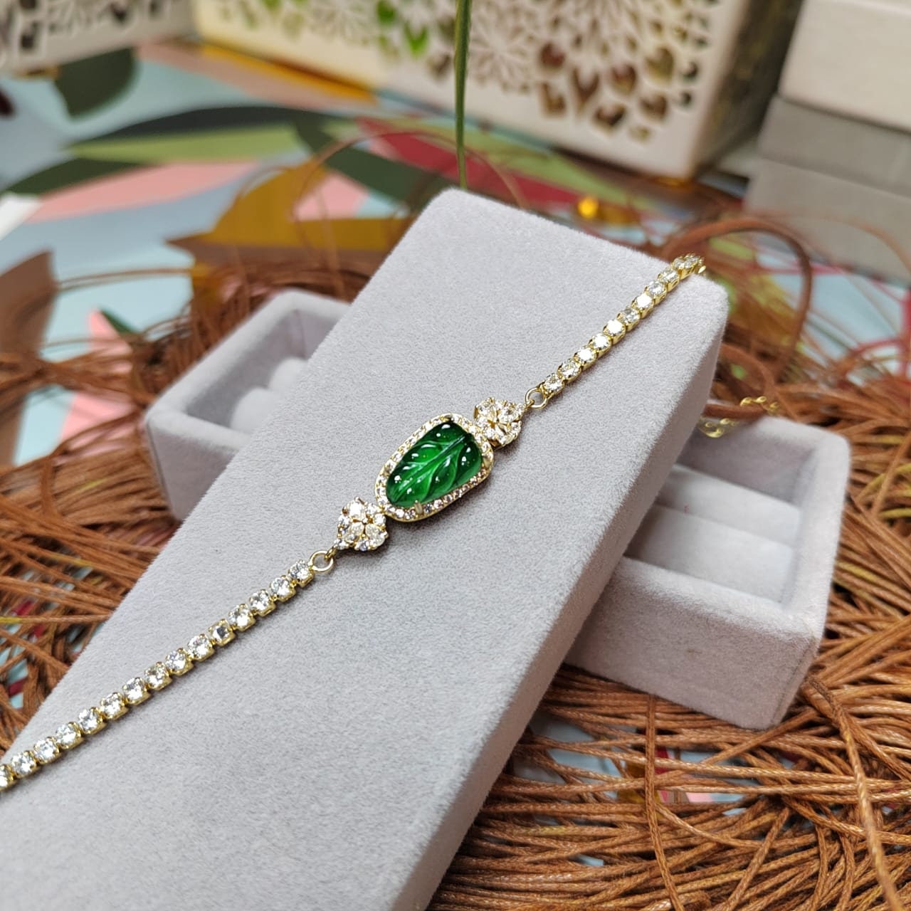 A-Grade Women Natural Gemstone Guatemala Imperial Geen Leaf Jadeite with Zircon on Gold Plated Bracelet For Her SL044