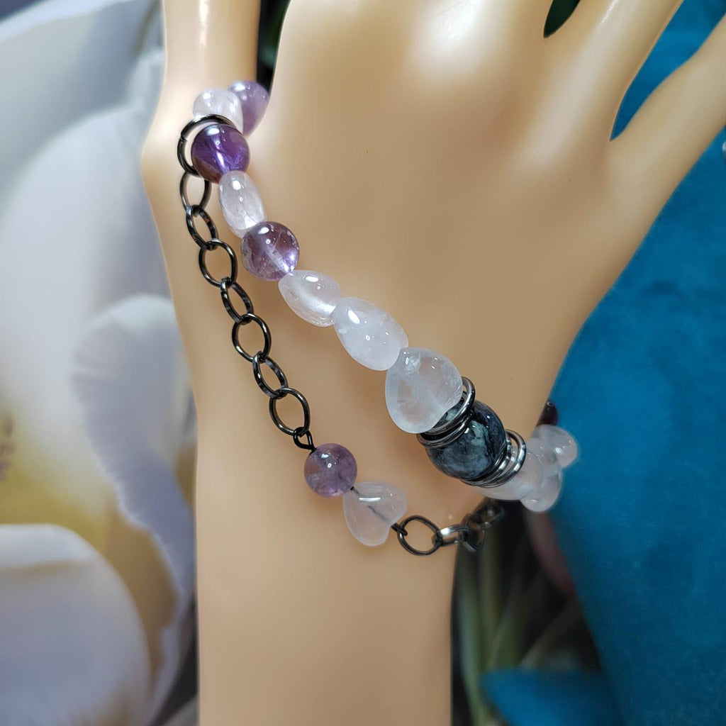 Handmade Trendy Design Rose Pink Quartz, Auralite 23 Amethyst and Wuji Jadeite Bracelet & Earring Set SL015 - SL Precious