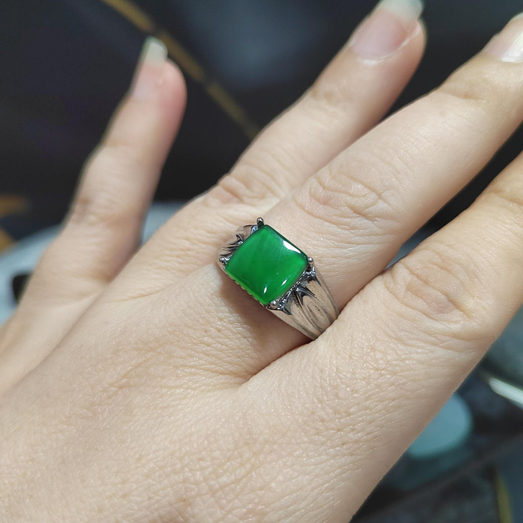Certified Natural Untreated Burmese Icy Clean Imperial Vivid Green Men Jadeite Ring S925 Sterling Silver SL371