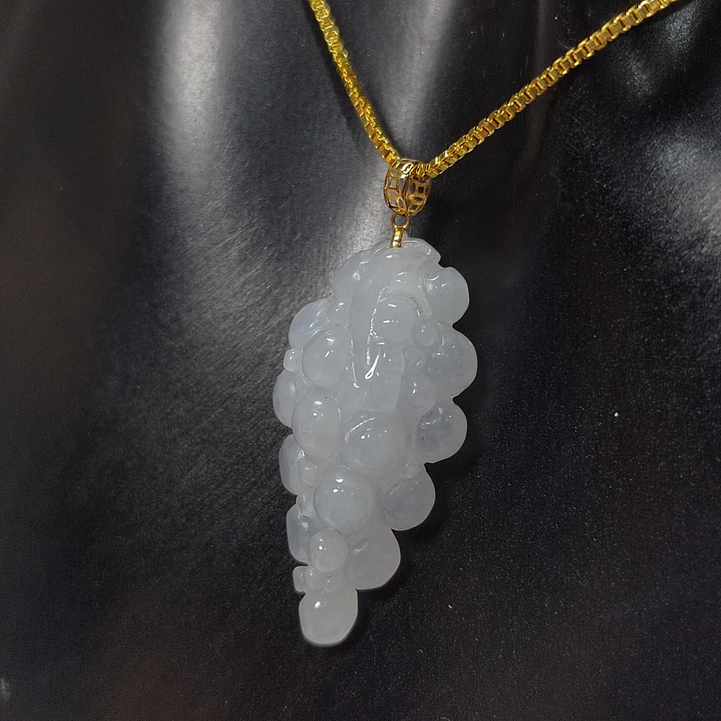 Burmese Natural A Grade White Jadeite Grapes Carved Gemstone with 18K Solid Yellow Gold Setting - Gifts for Her, SL025