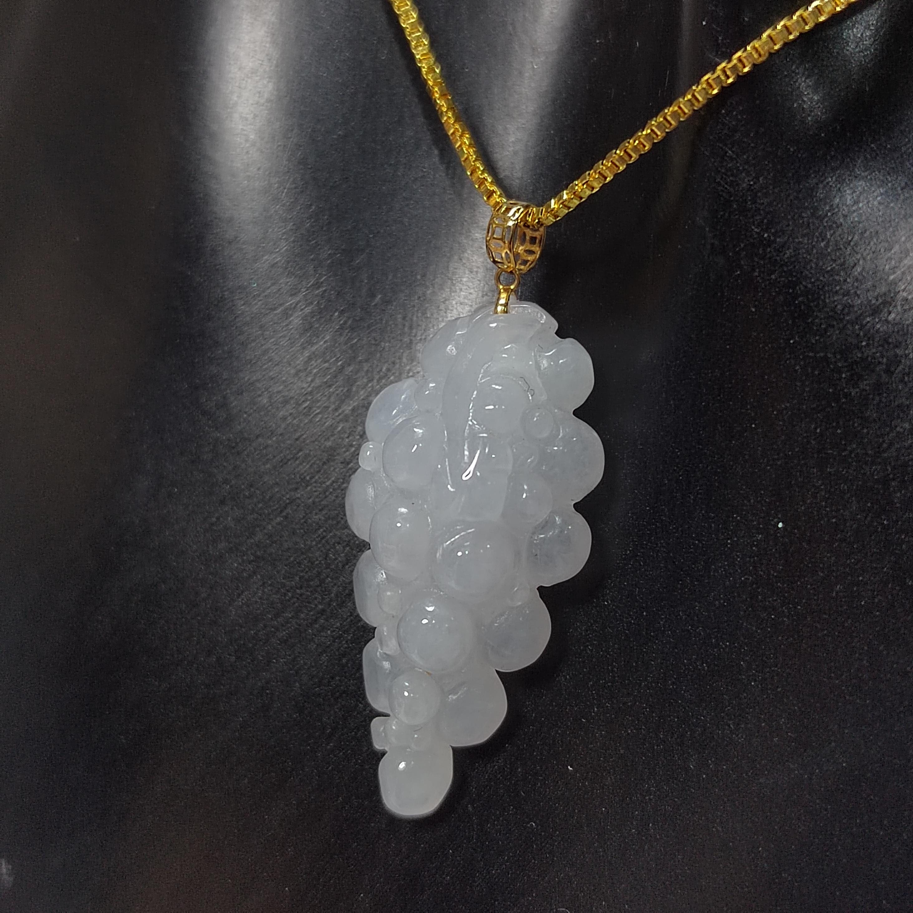 Burmese Natural A Grade White Jadeite Grapes Carved Gemstone with 18K Solid Yellow Gold Setting - Gifts for Her, SL025